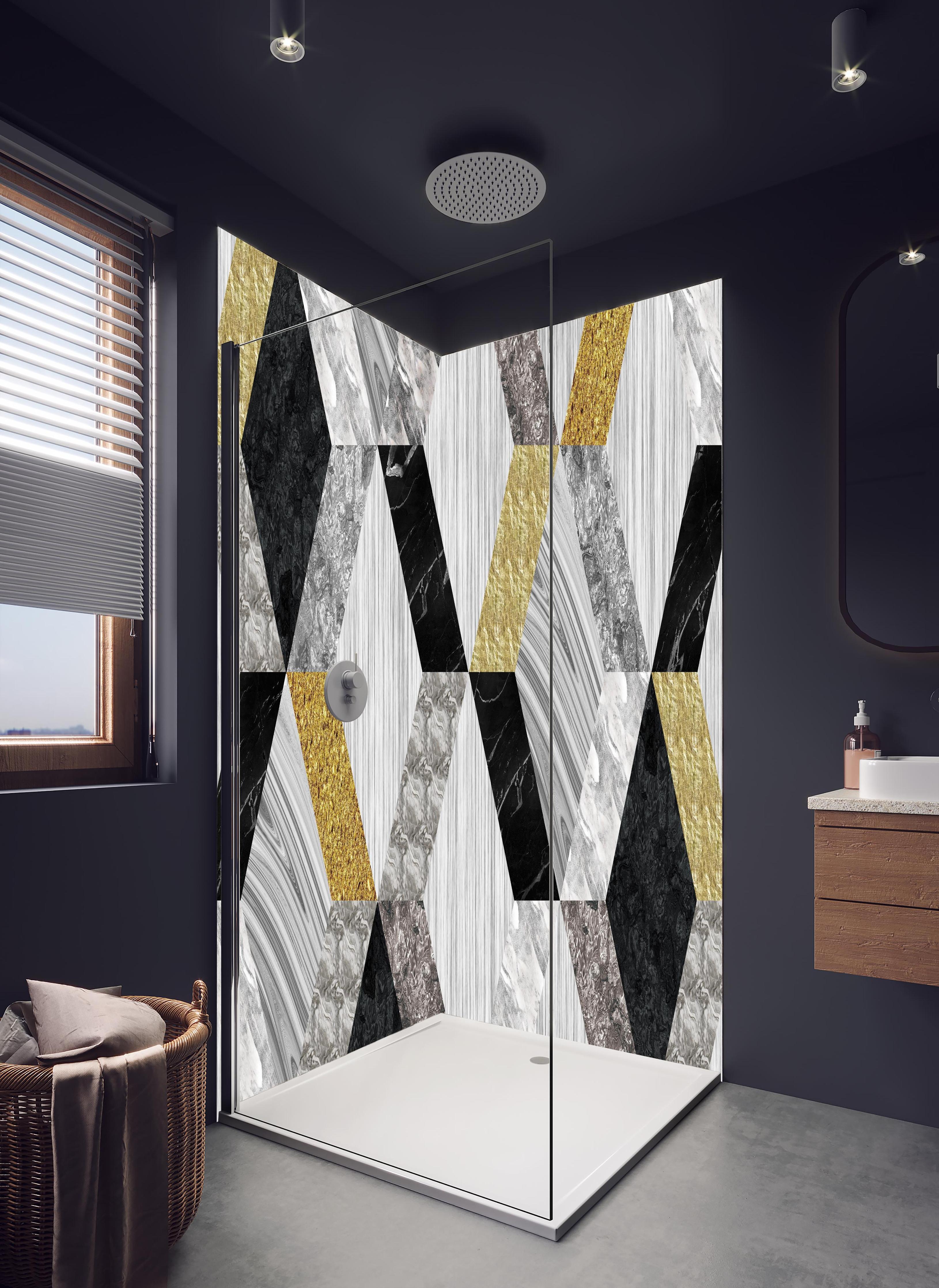 Duschrückwand - Moderne Keramik Textur in hellem Badezimmer mit Regenduschkopf - zweiteilige Eck-Duschrückwand