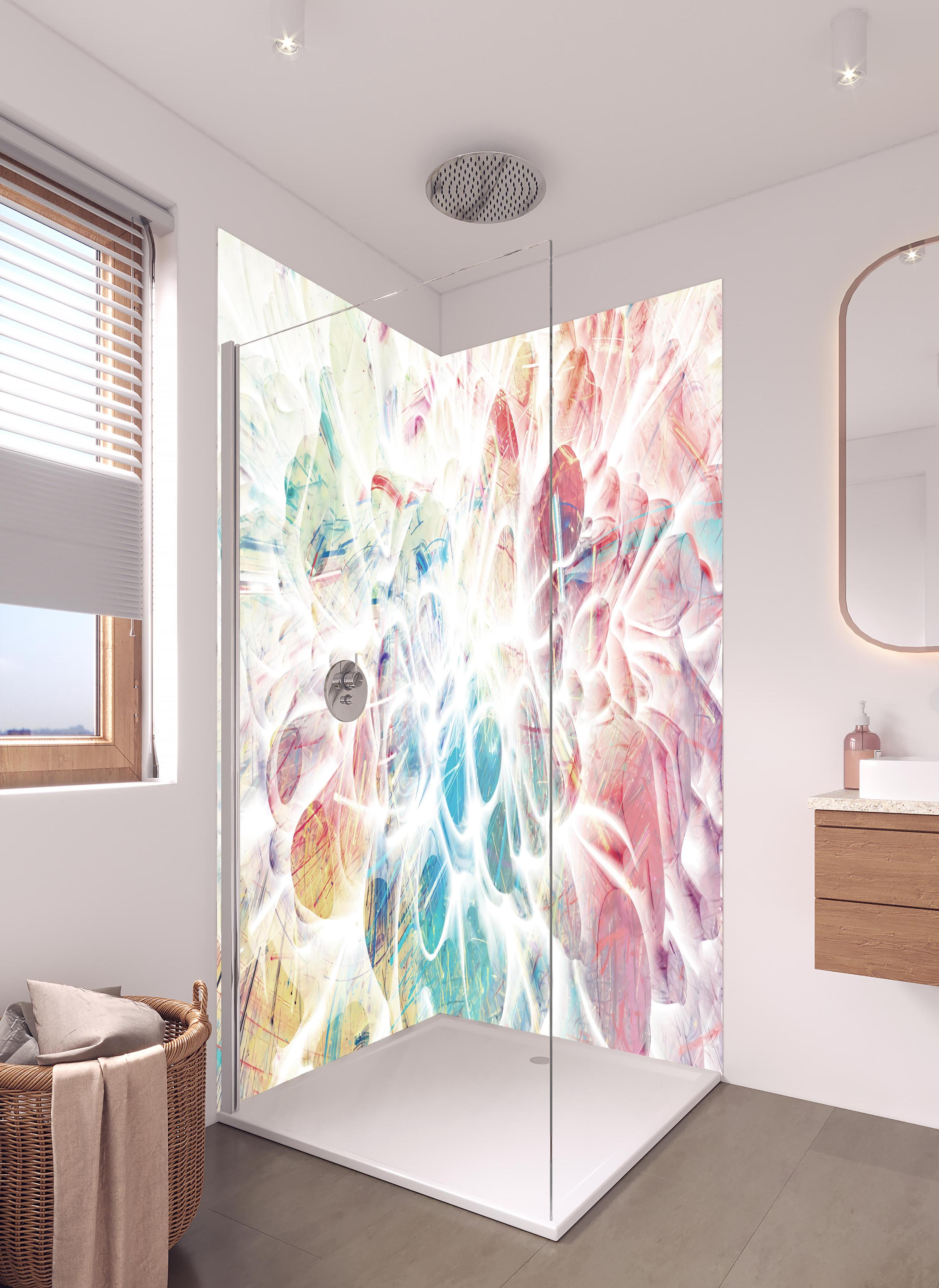 Duschrückwand - Moderne Kunst - Baumzweige in hellem Badezimmer mit Regenduschkopf - zweiteilige Eck-Duschrückwand