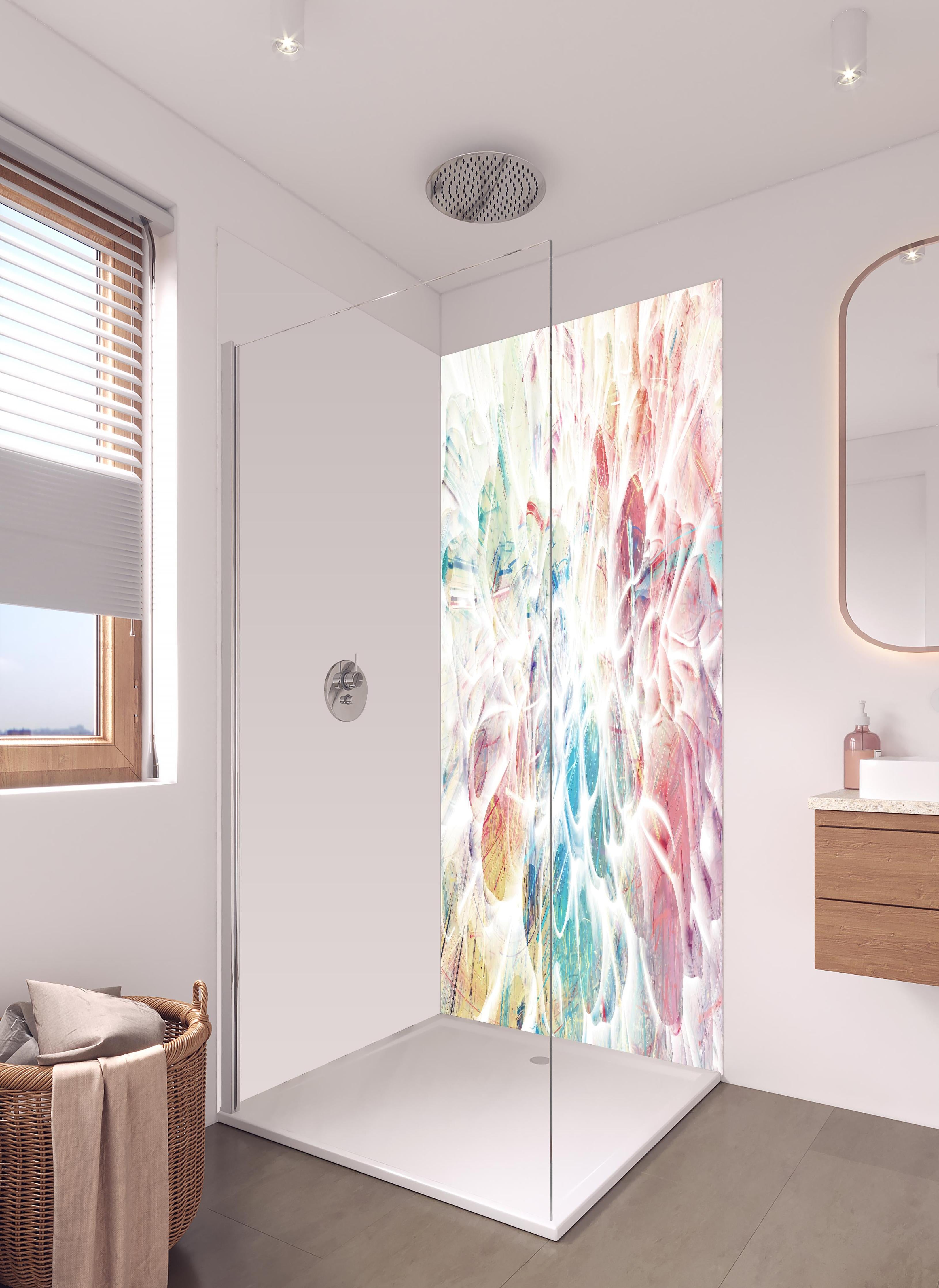 Duschrückwand - Moderne Kunst - Baumzweige in hellem Badezimmer mit Regenduschkopf - zweiteilige Eck-Duschrückwand