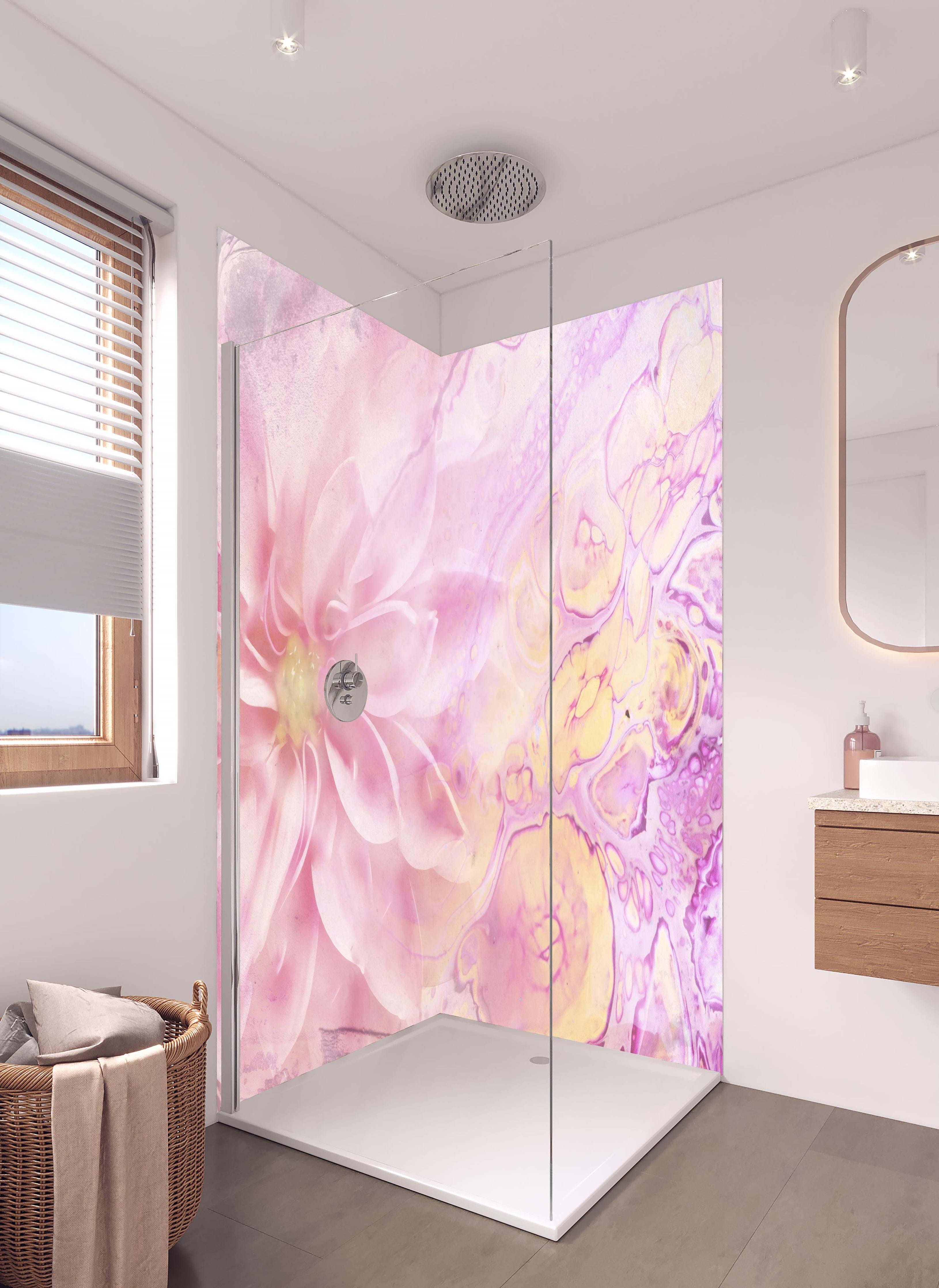 Duschrückwand - Moderne Kunst - Floral in hellem Badezimmer mit Regenduschkopf - zweiteilige Eck-Duschrückwand