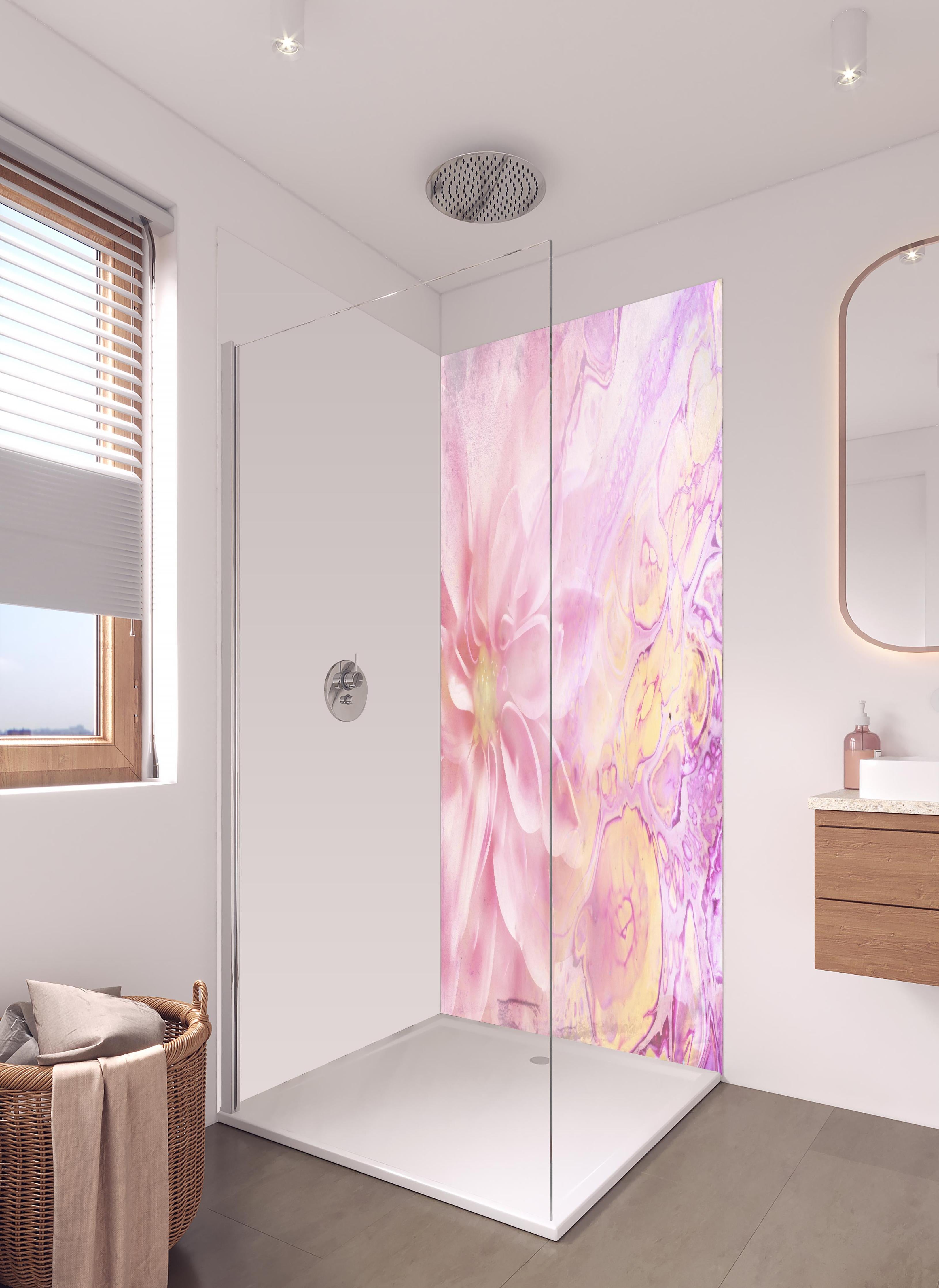 Duschrückwand - Moderne Kunst - Floral in hellem Badezimmer mit Regenduschkopf - zweiteilige Eck-Duschrückwand