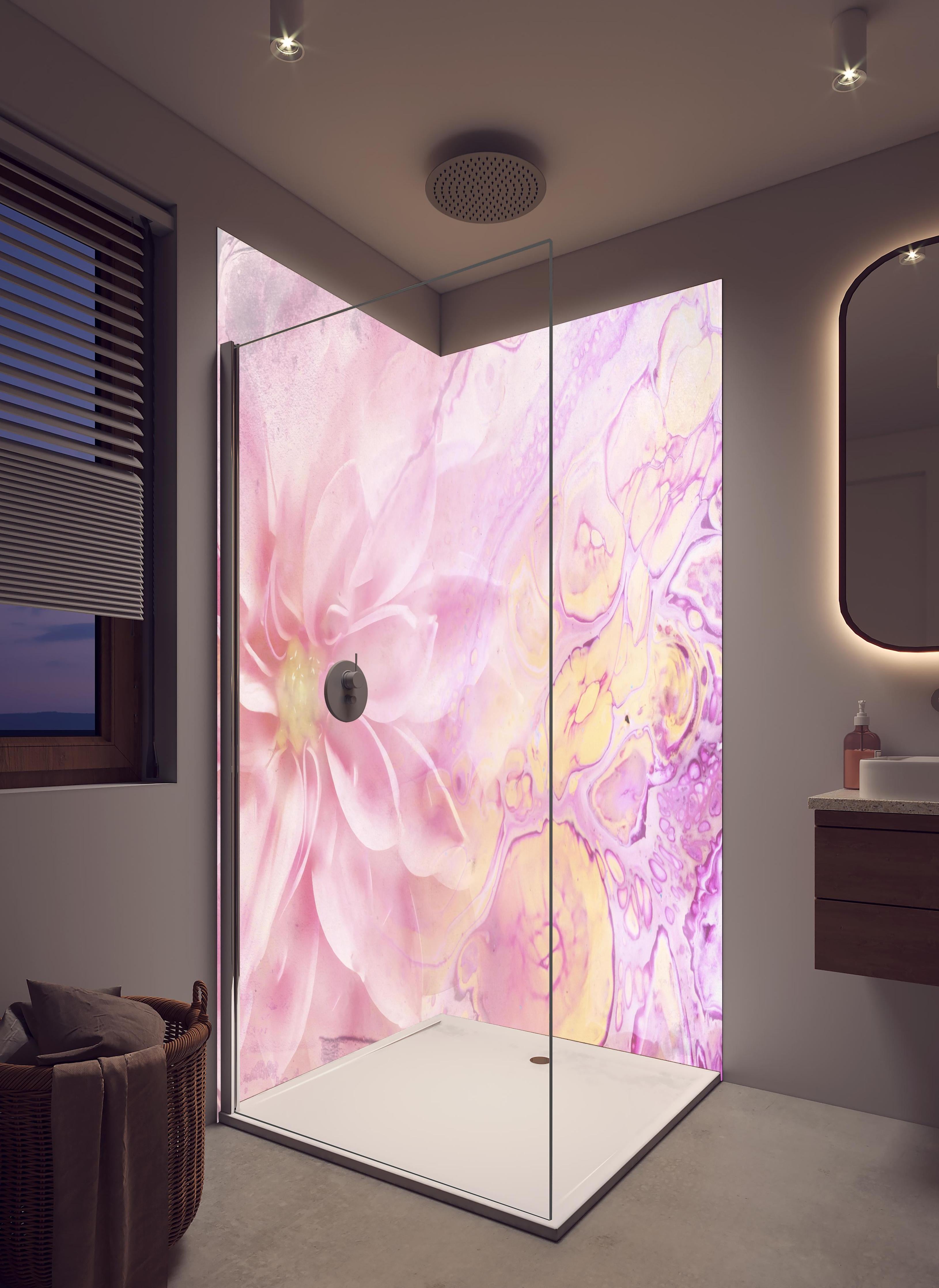Duschrückwand - Moderne Kunst - Floral in hellem Badezimmer mit Regenduschkopf - zweiteilige Eck-Duschrückwand