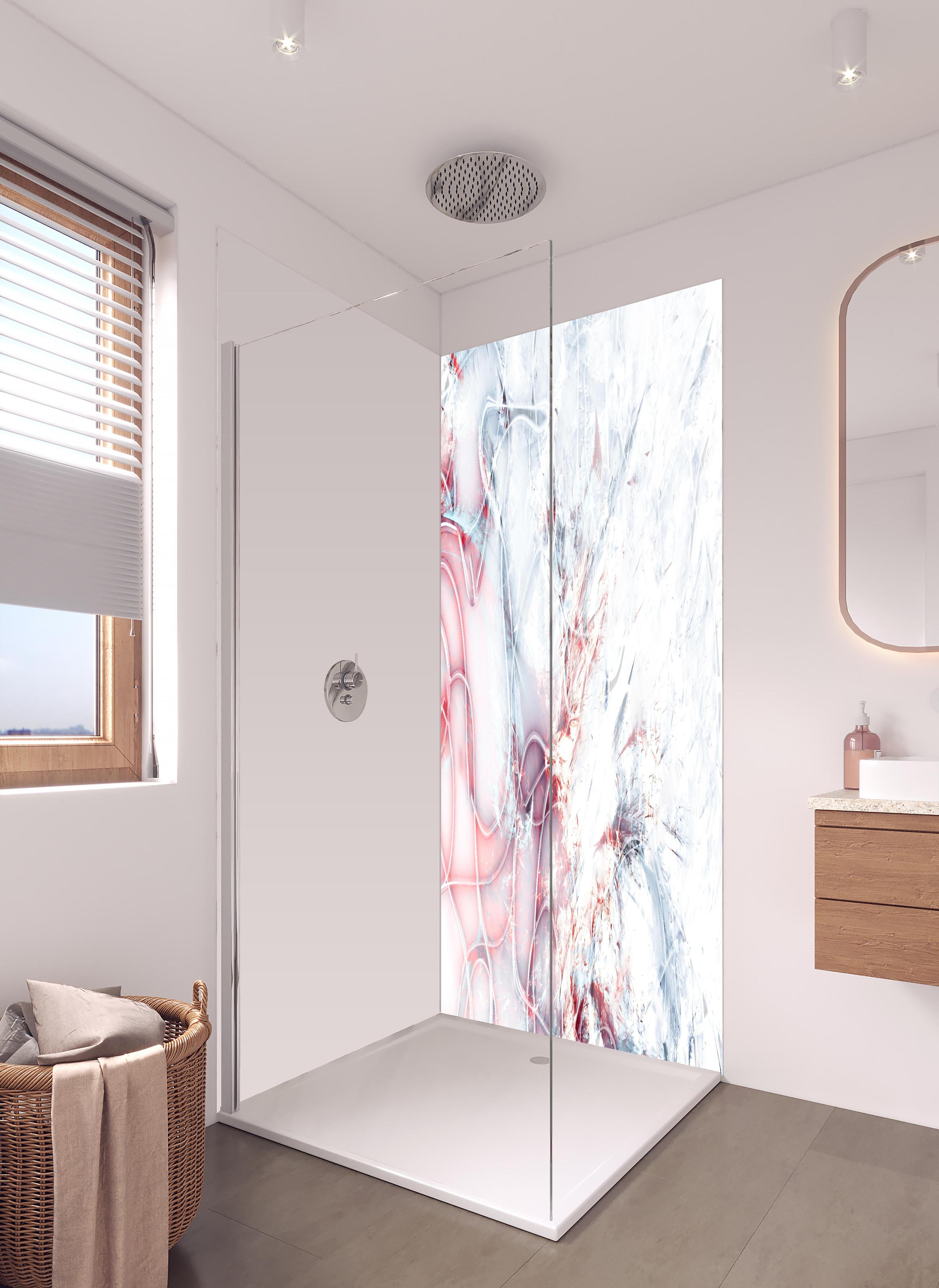 Duschrückwand - Moderne Kunst - abstrakt in hellem Badezimmer mit Regenduschkopf - zweiteilige Eck-Duschrückwand