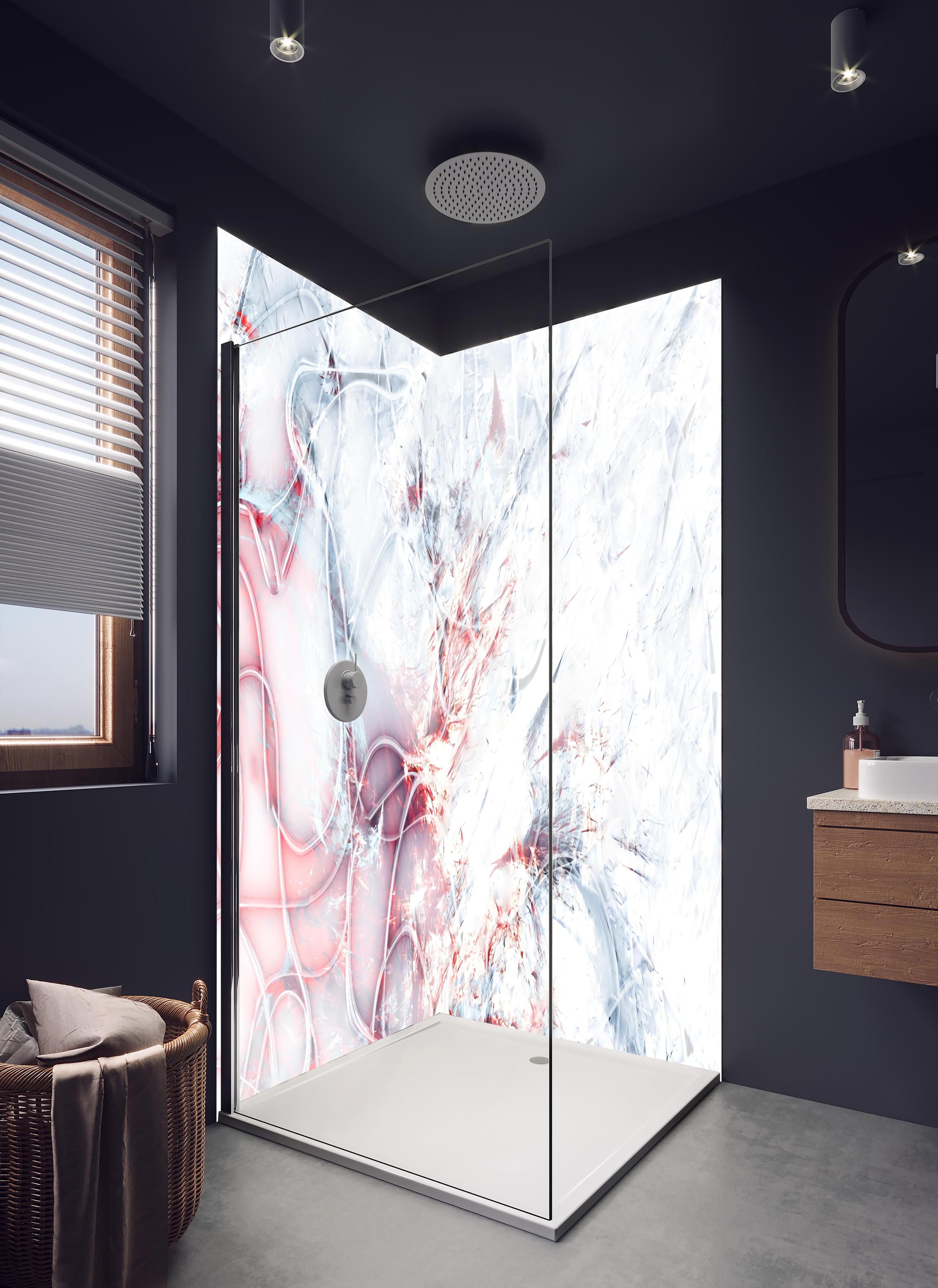 Duschrückwand - Moderne Kunst - abstrakt in hellem Badezimmer mit Regenduschkopf - zweiteilige Eck-Duschrückwand