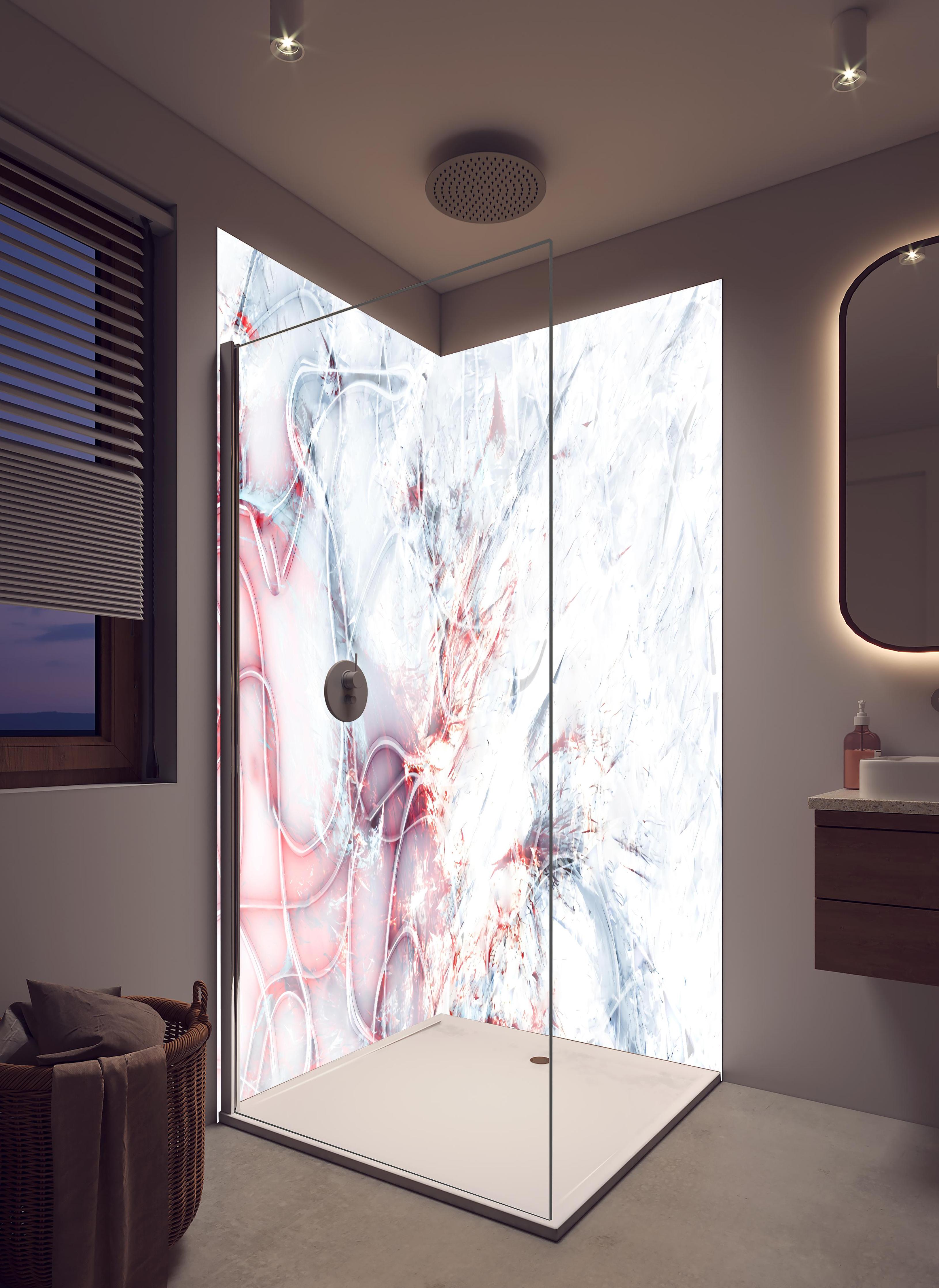 Duschrückwand - Moderne Kunst - abstrakt in hellem Badezimmer mit Regenduschkopf - zweiteilige Eck-Duschrückwand