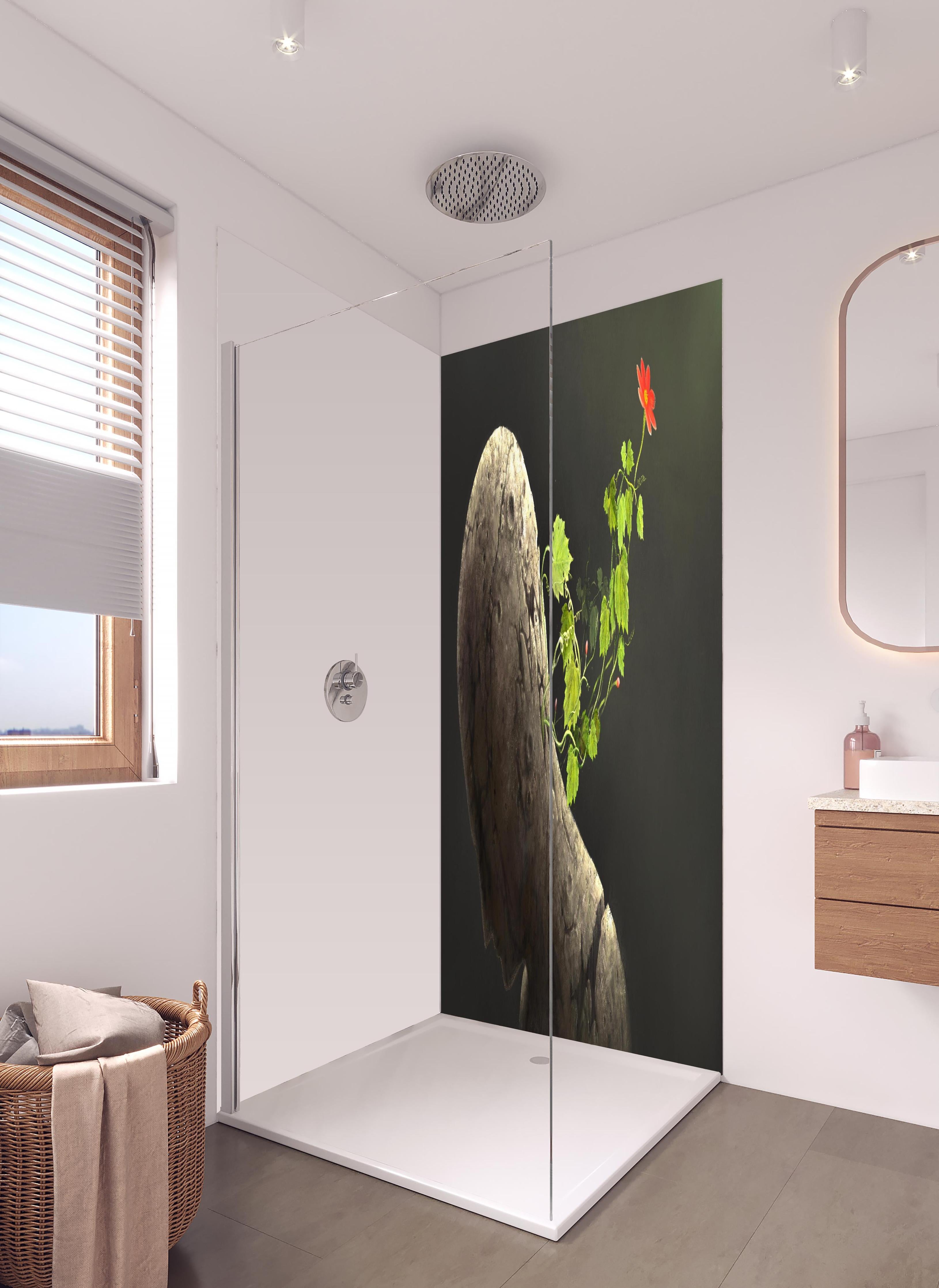 Duschrückwand - Moderne Malerei - Fantasie in hellem Badezimmer mit Regenduschkopf - zweiteilige Eck-Duschrückwand