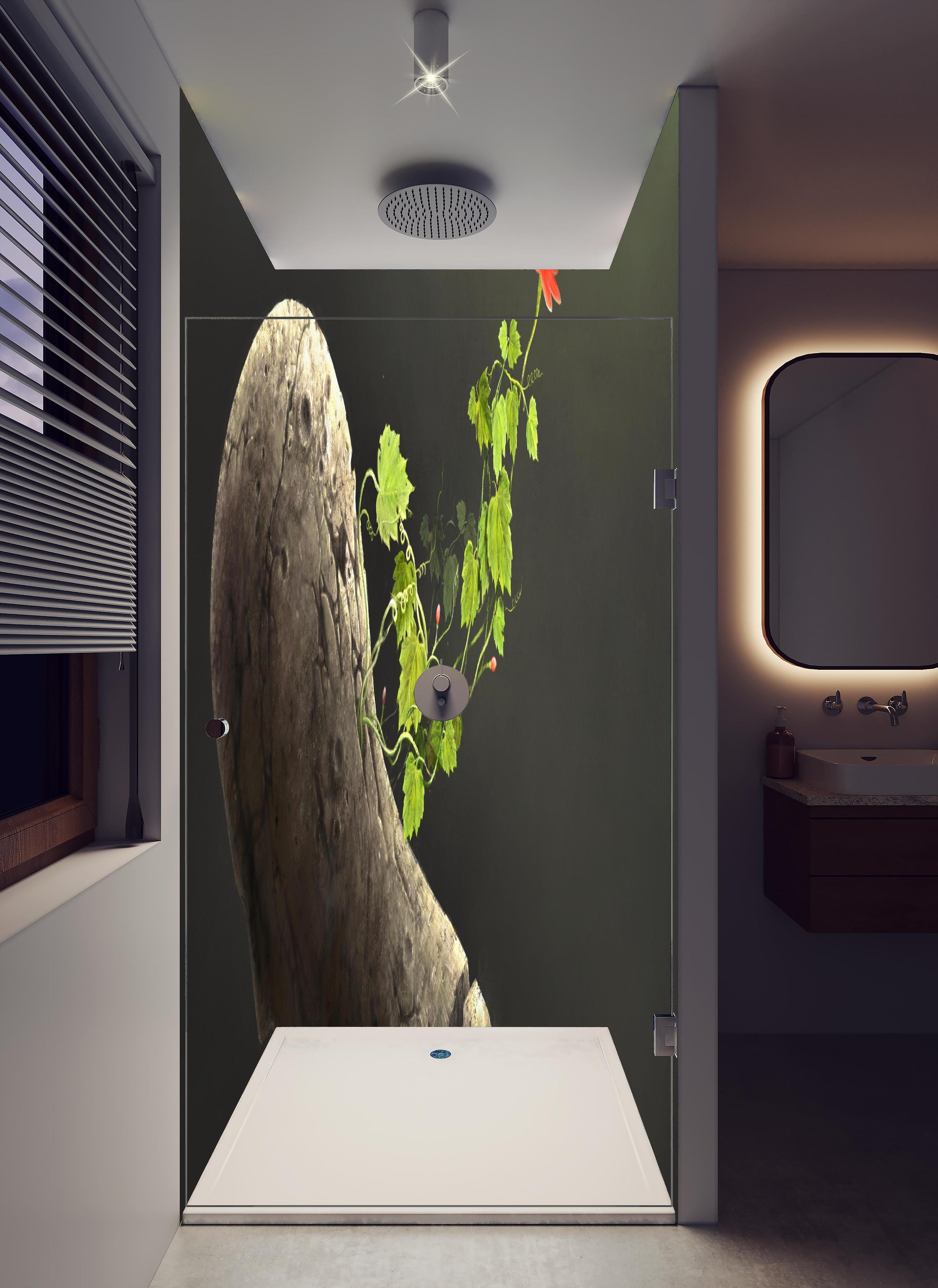 Duschrückwand - Moderne Malerei - Fantasie in hellem Badezimmer mit Regenduschkopf - zweiteilige Eck-Duschrückwand