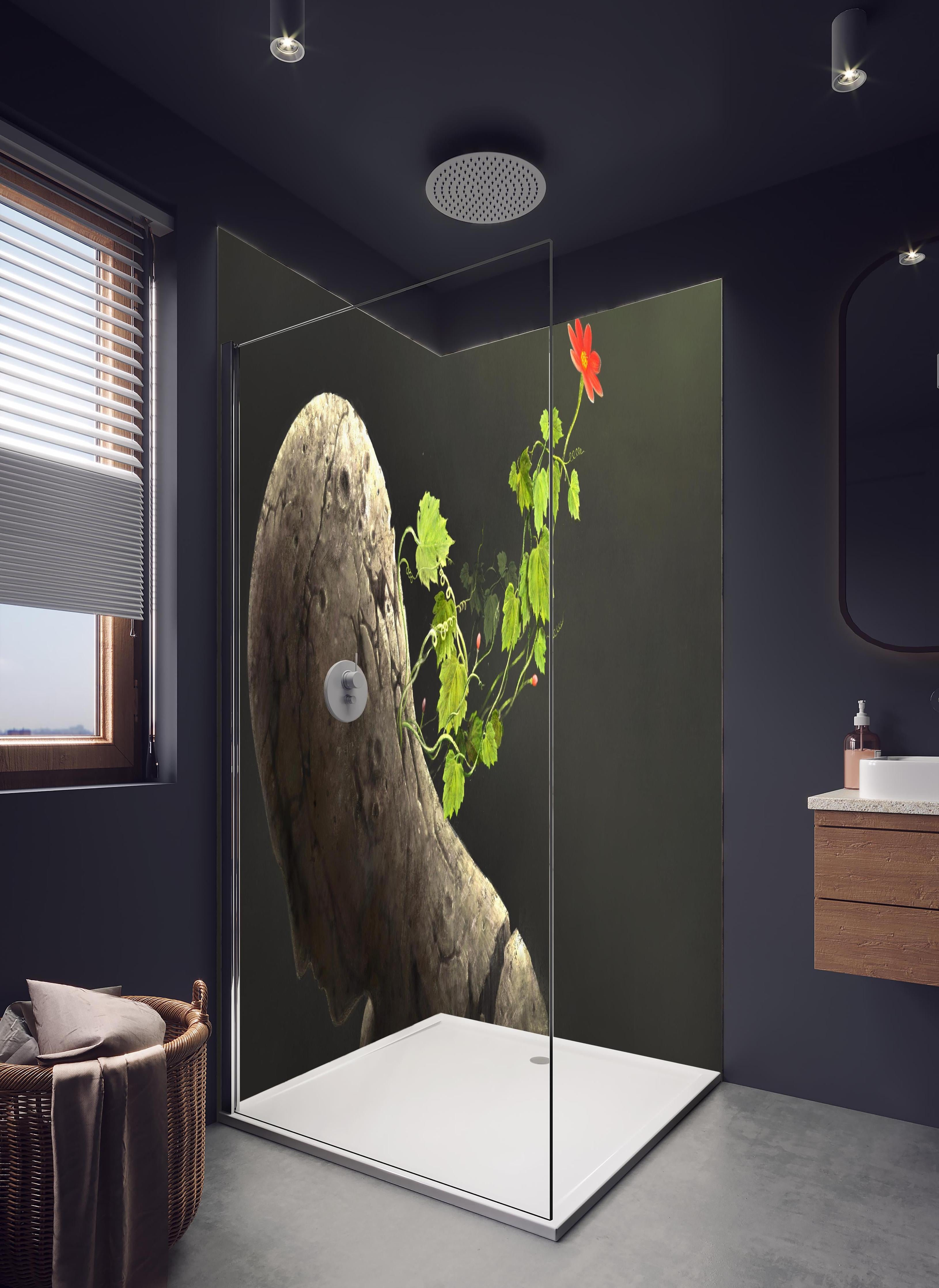 Duschrückwand - Moderne Malerei - Fantasie in hellem Badezimmer mit Regenduschkopf - zweiteilige Eck-Duschrückwand