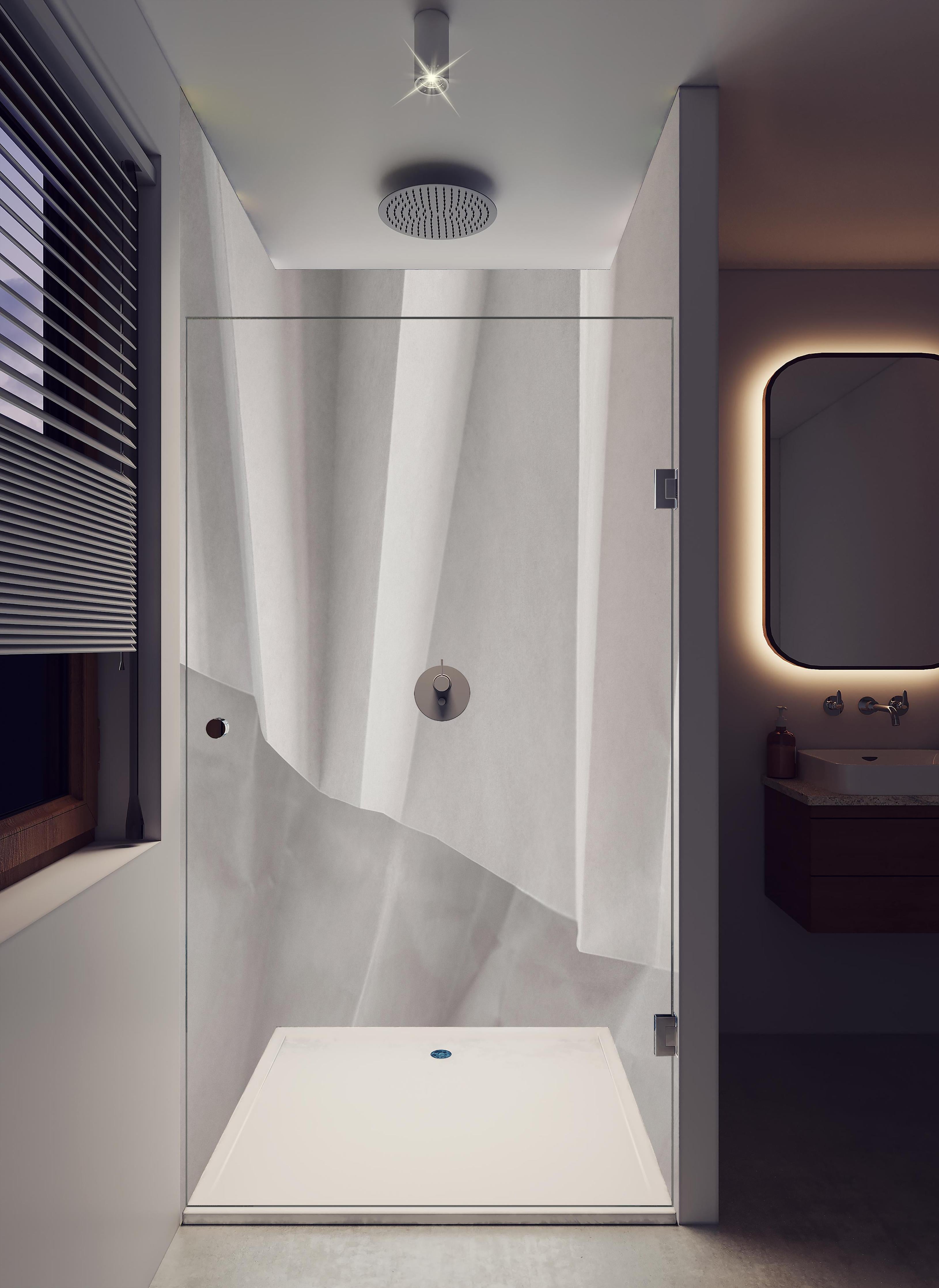 Duschrückwand - Moderne Papierstruktur in Weiß und Grau in hellem Badezimmer mit Regenduschkopf - zweiteilige Eck-Duschrückwand