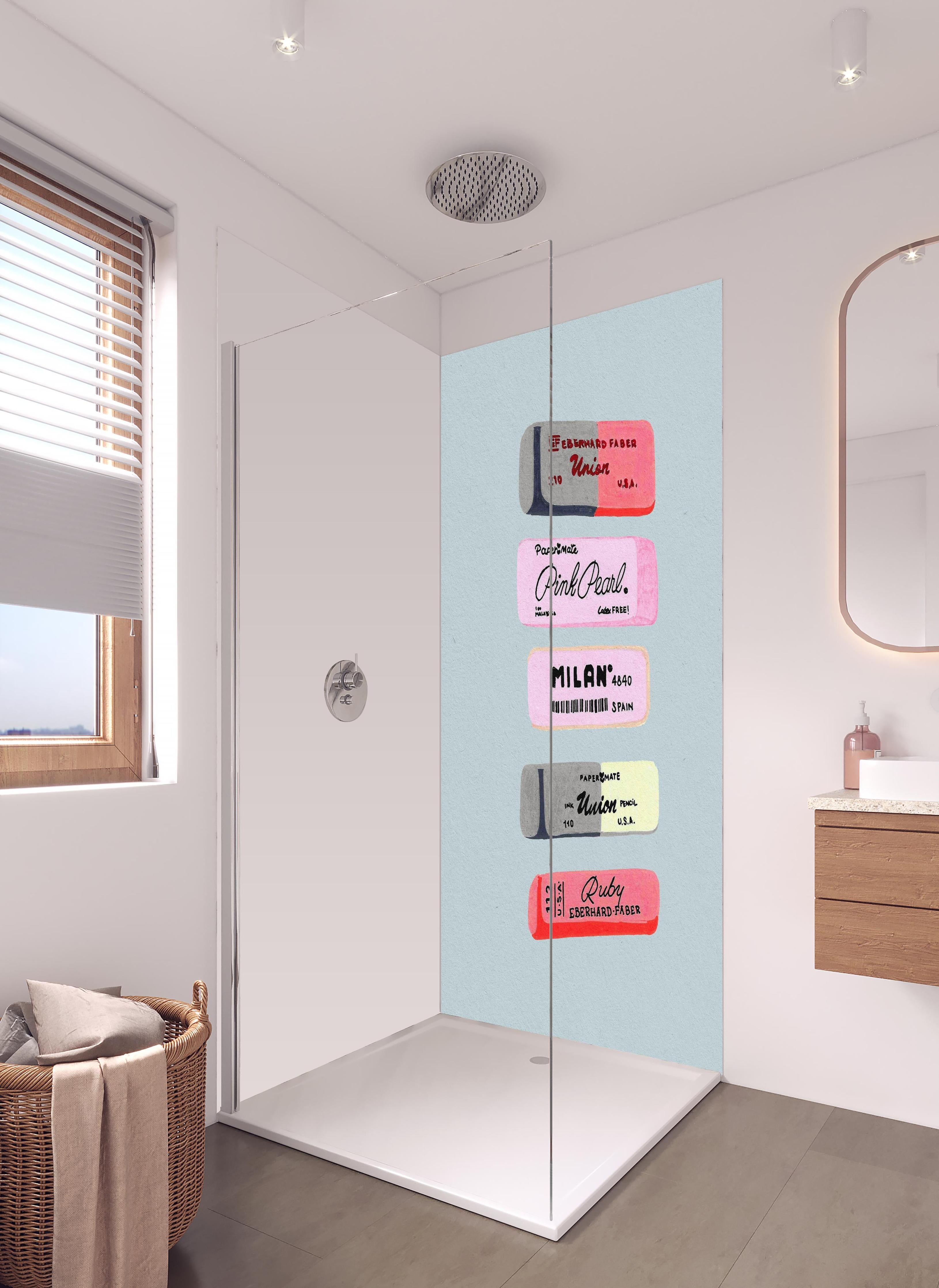 Duschrückwand - Moderne Radiergummis - Pastellfarben in hellem Badezimmer mit Regenduschkopf - zweiteilige Eck-Duschrückwand
