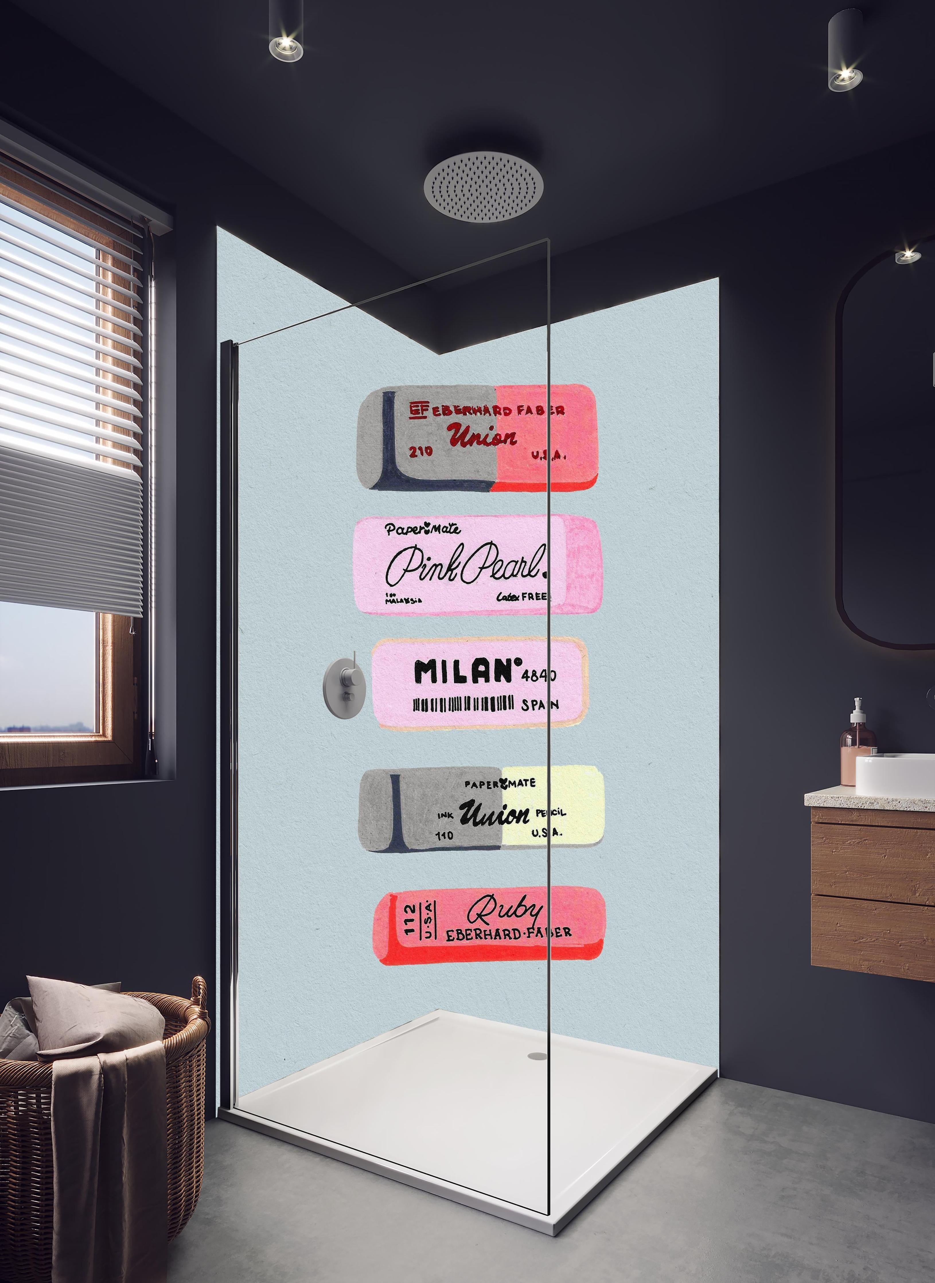 Duschrückwand - Moderne Radiergummis - Pastellfarben in hellem Badezimmer mit Regenduschkopf - zweiteilige Eck-Duschrückwand