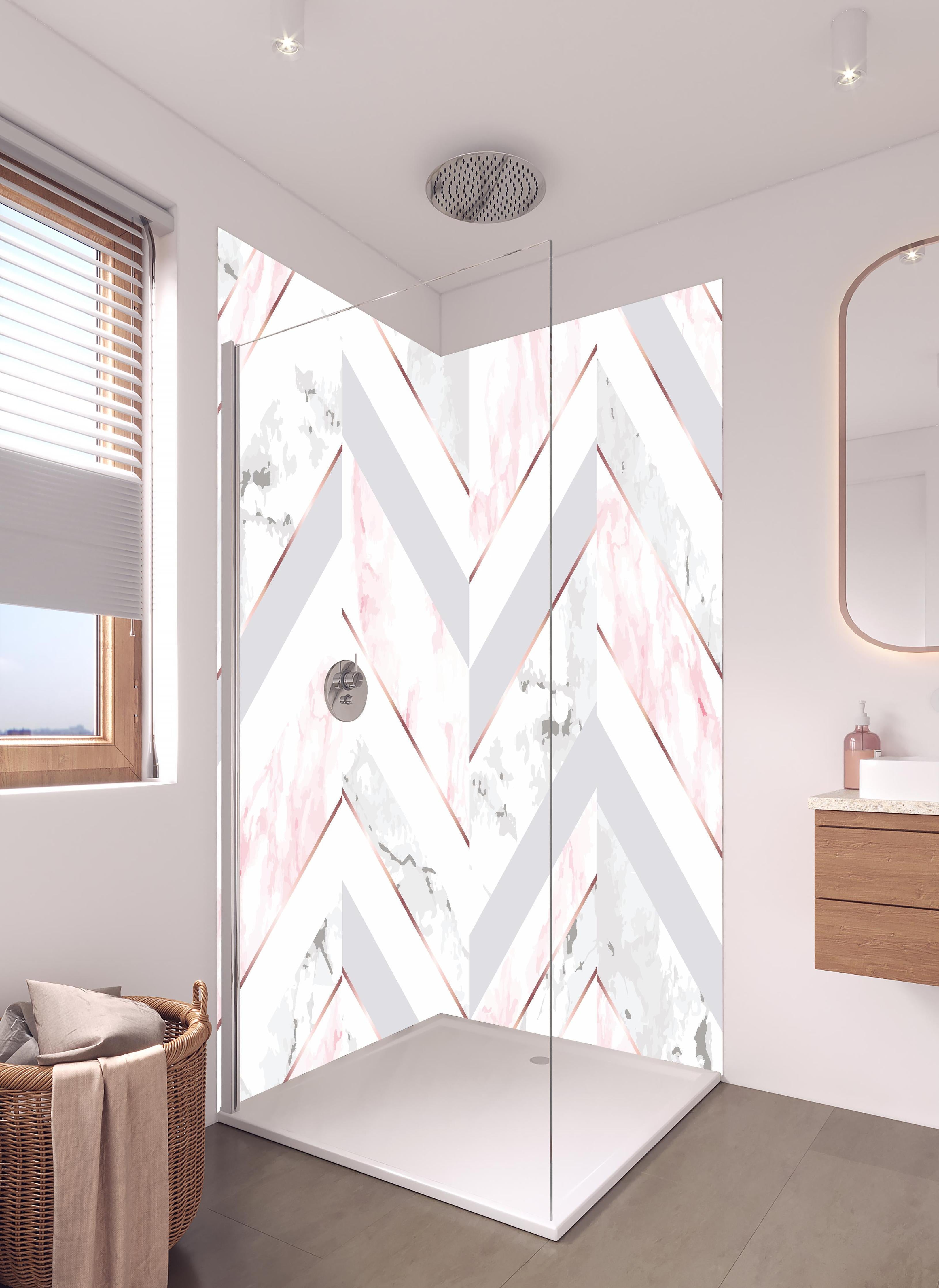 Duschrückwand - Moderne Rosa-Weiße Marmortextur in hellem Badezimmer mit Regenduschkopf - zweiteilige Eck-Duschrückwand