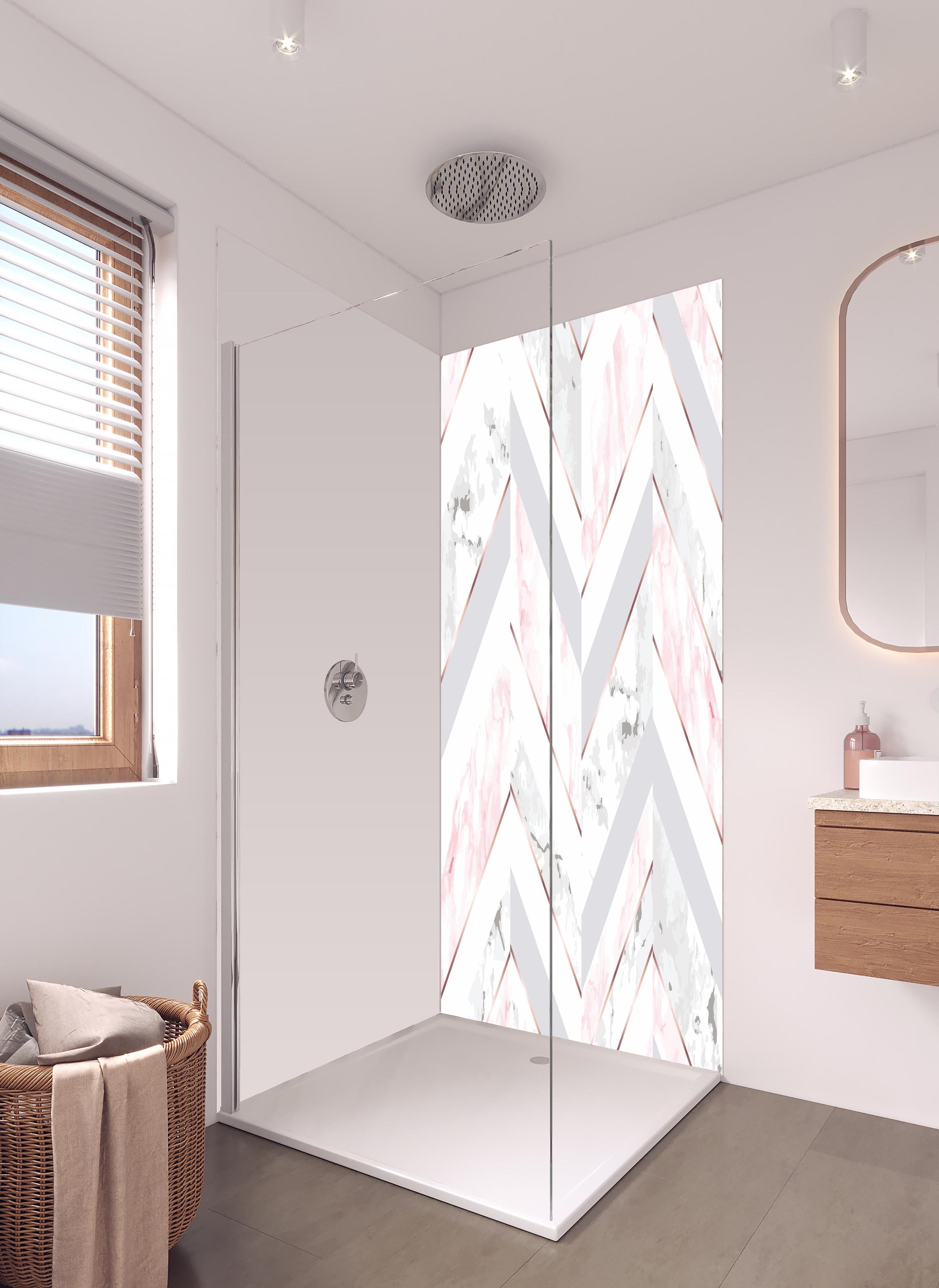Duschrückwand - Moderne Rosa-Weiße Marmortextur in hellem Badezimmer mit Regenduschkopf - zweiteilige Eck-Duschrückwand