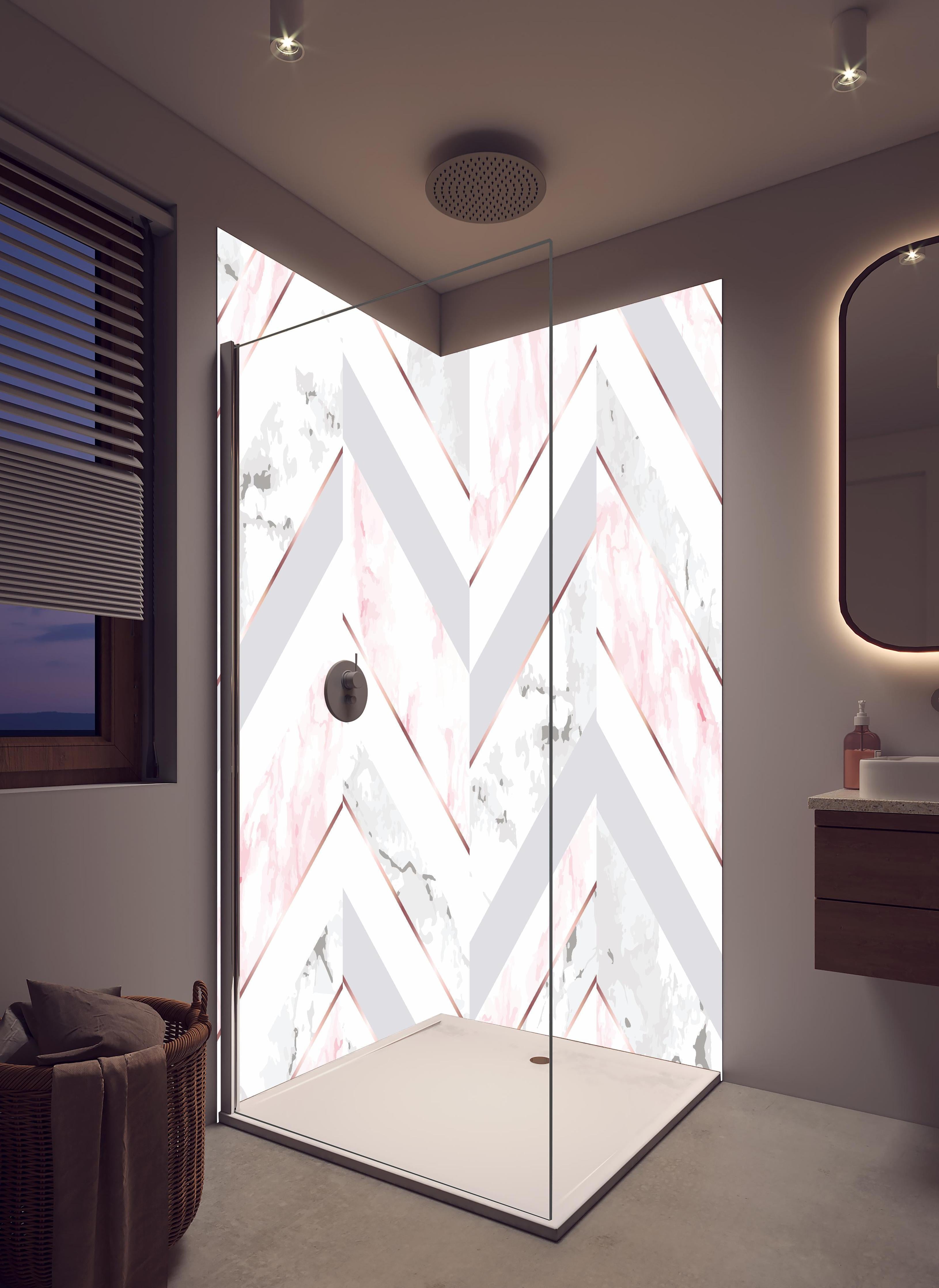 Duschrückwand - Moderne Rosa-Weiße Marmortextur in hellem Badezimmer mit Regenduschkopf - zweiteilige Eck-Duschrückwand