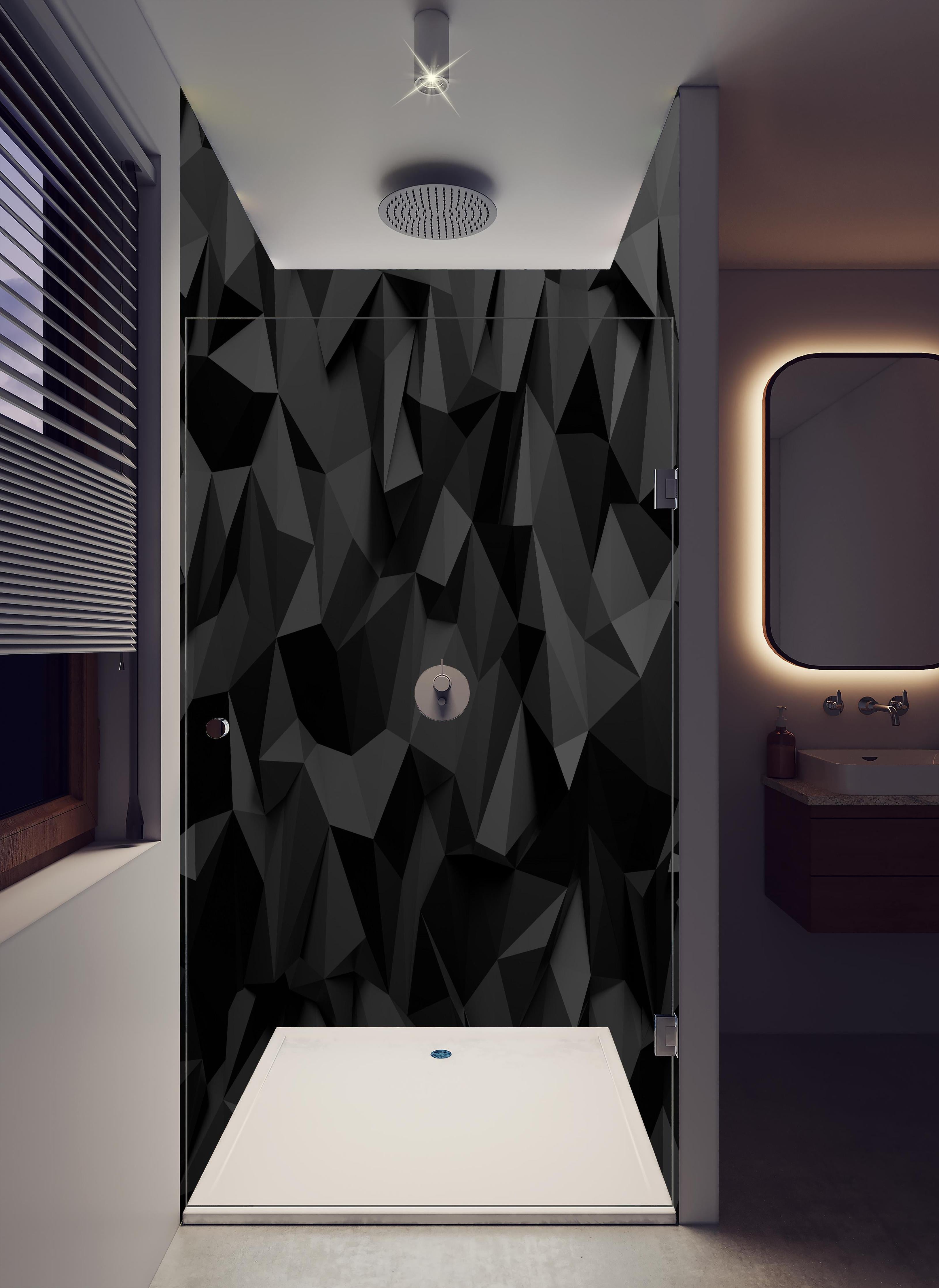Duschrückwand - Moderne Schwarze 3D Polygon Textur in hellem Badezimmer mit Regenduschkopf - zweiteilige Eck-Duschrückwand