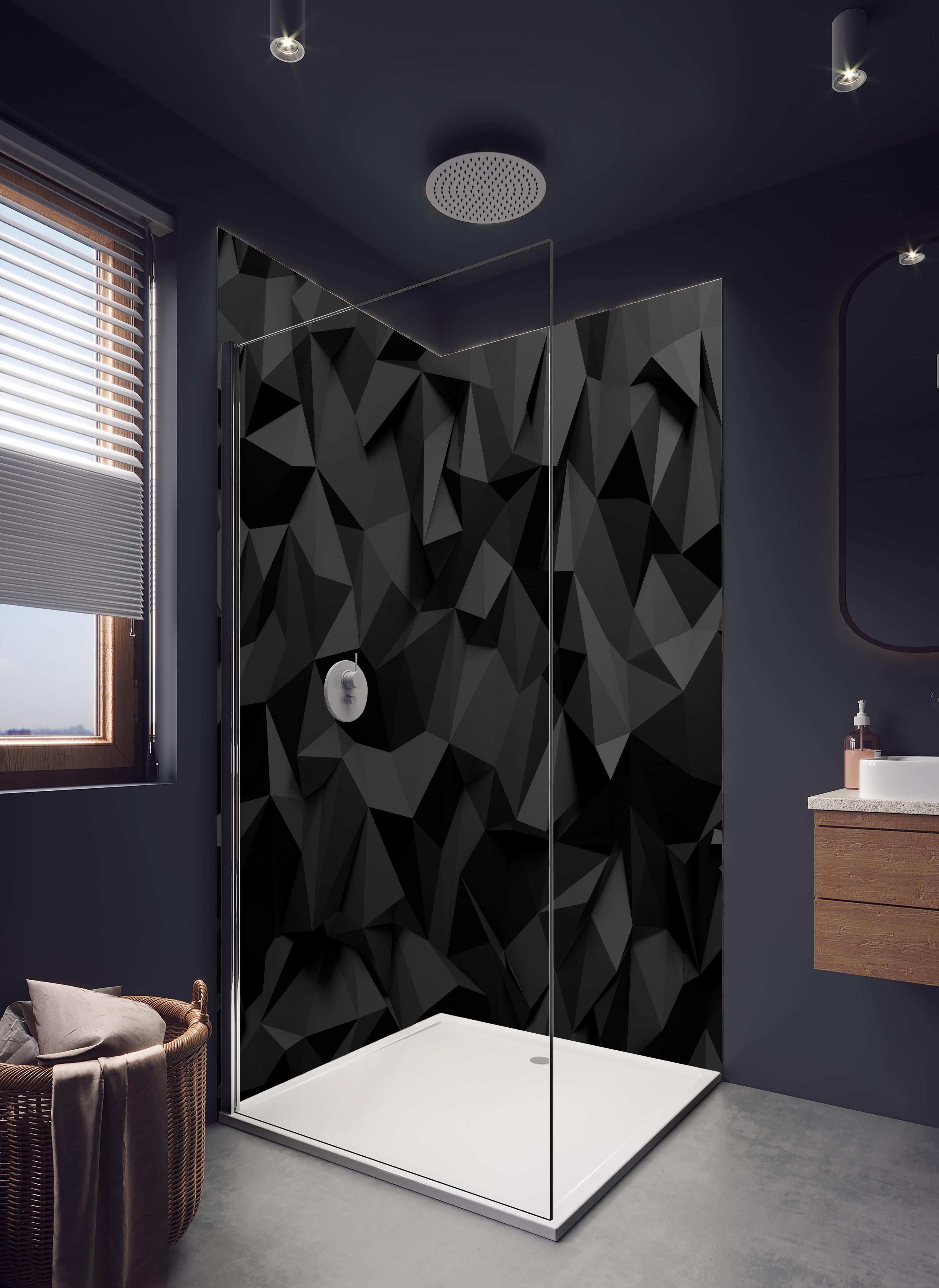 Duschrückwand - Moderne Schwarze 3D Polygon Textur in hellem Badezimmer mit Regenduschkopf - zweiteilige Eck-Duschrückwand