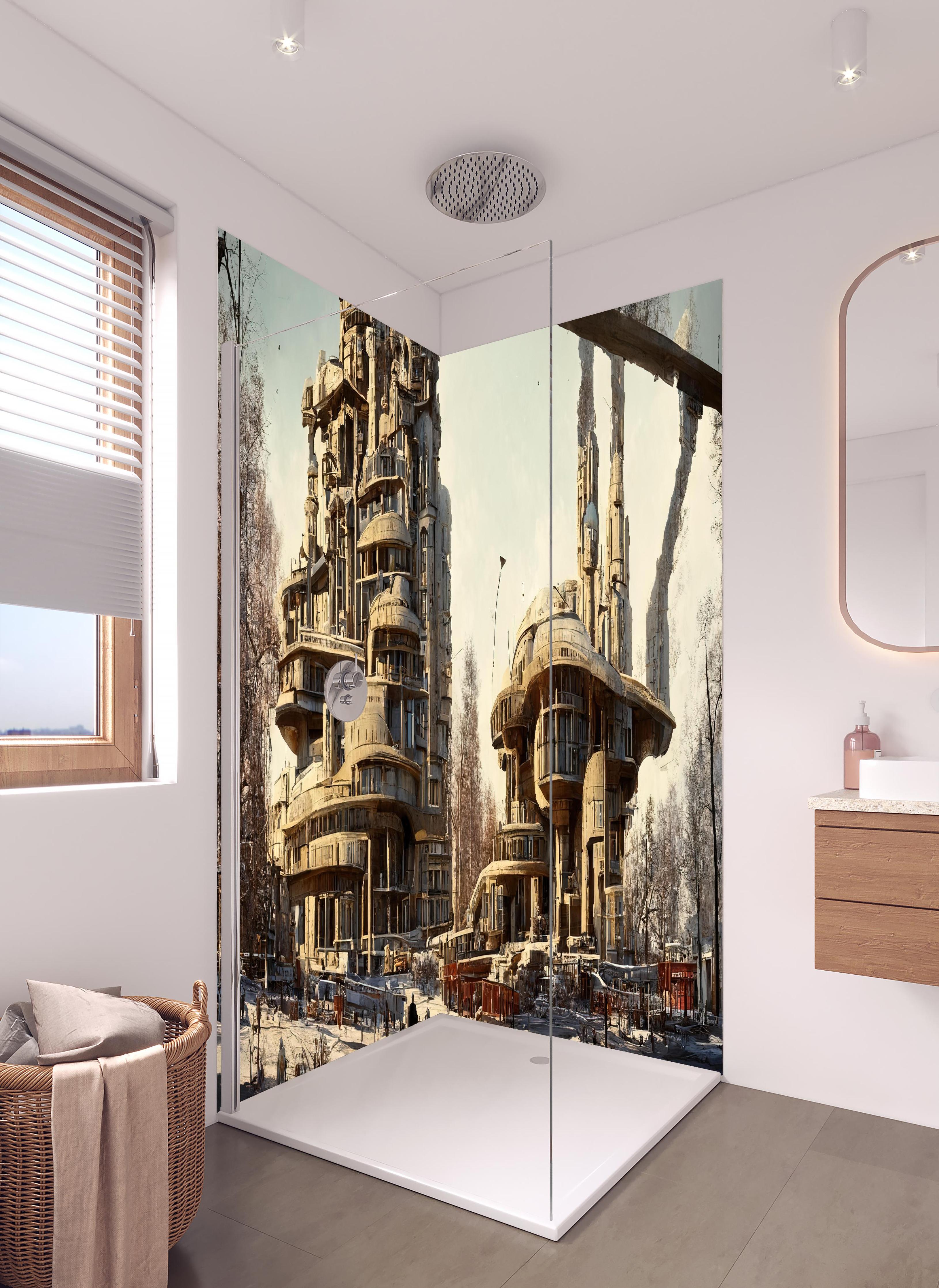 Duschrückwand - Moderne Stadt in der Zukunft in hellem Badezimmer mit Regenduschkopf - zweiteilige Eck-Duschrückwand