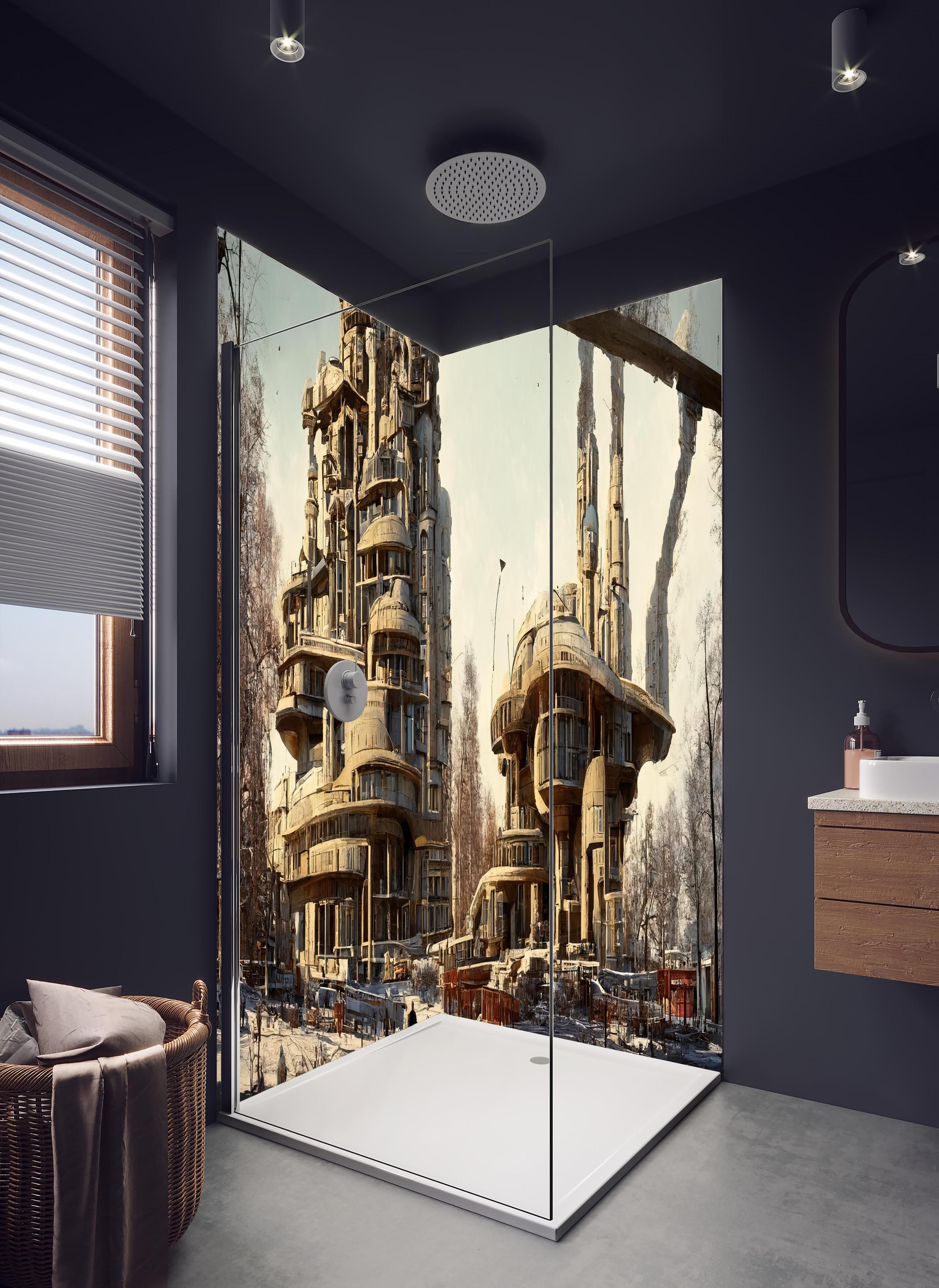 Duschrückwand - Moderne Stadt in der Zukunft in hellem Badezimmer mit Regenduschkopf - zweiteilige Eck-Duschrückwand