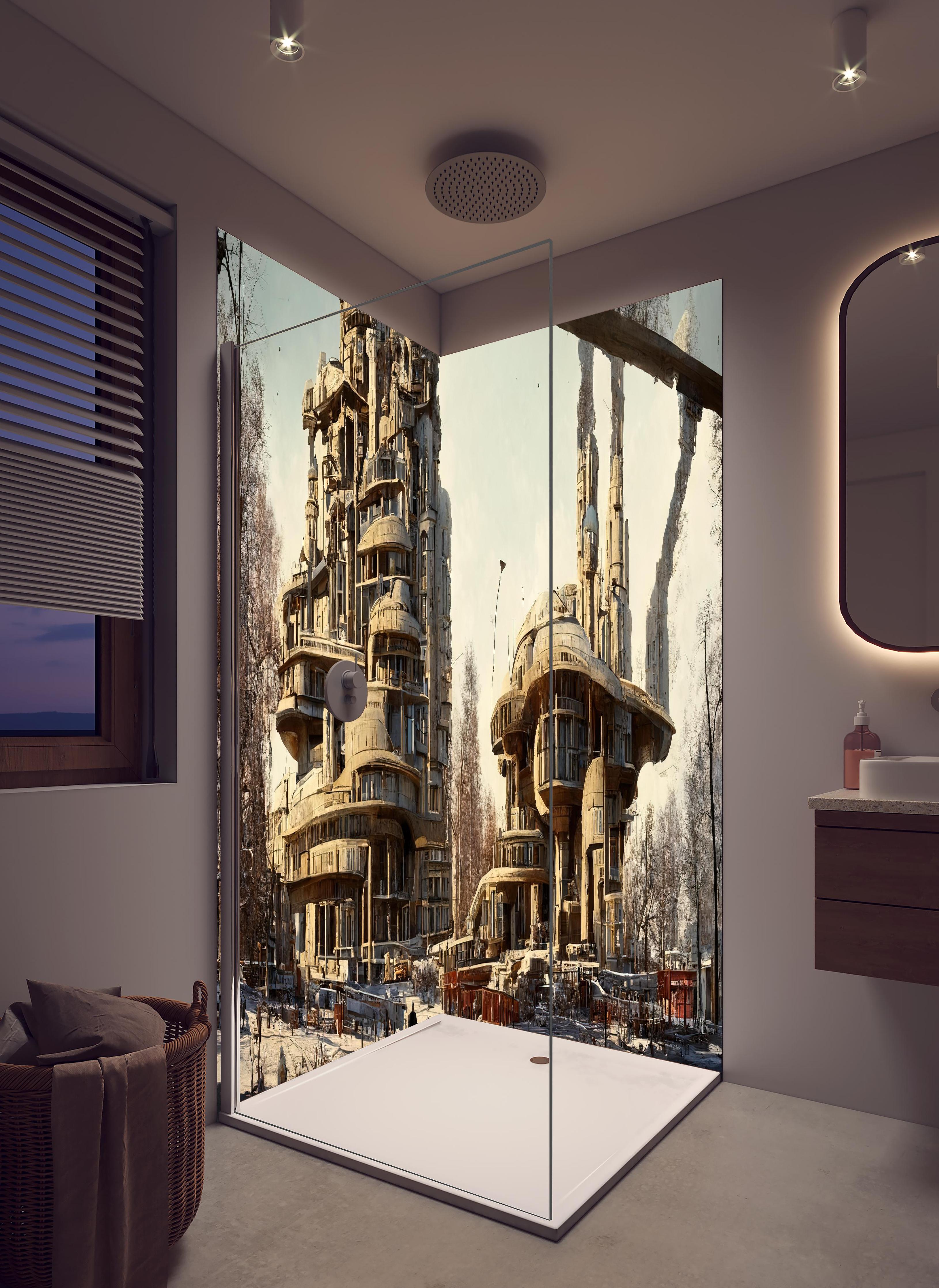 Duschrückwand - Moderne Stadt in der Zukunft in hellem Badezimmer mit Regenduschkopf - zweiteilige Eck-Duschrückwand