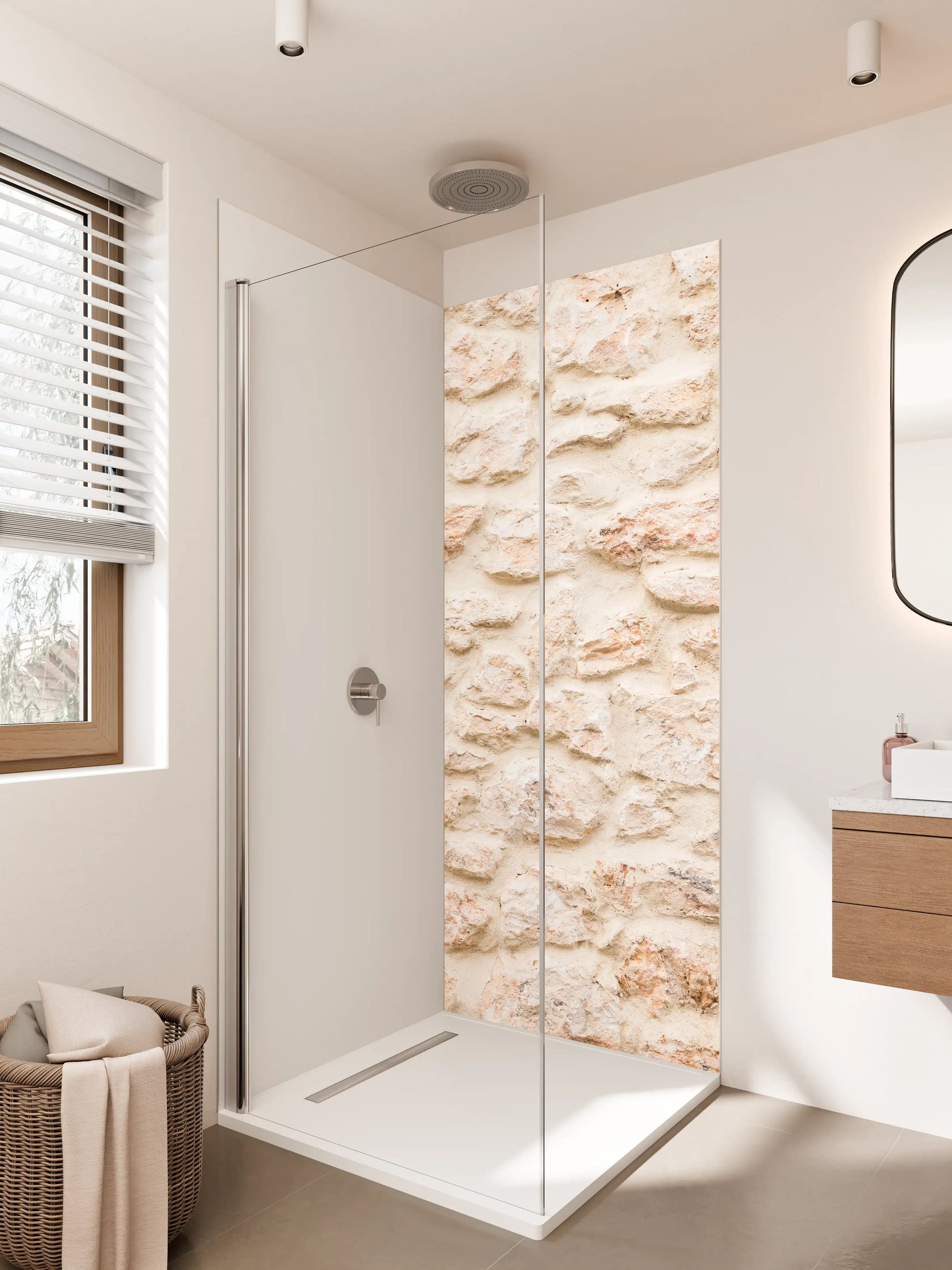 Duschrückwand - Moderne Steinwand mit hellem Putz