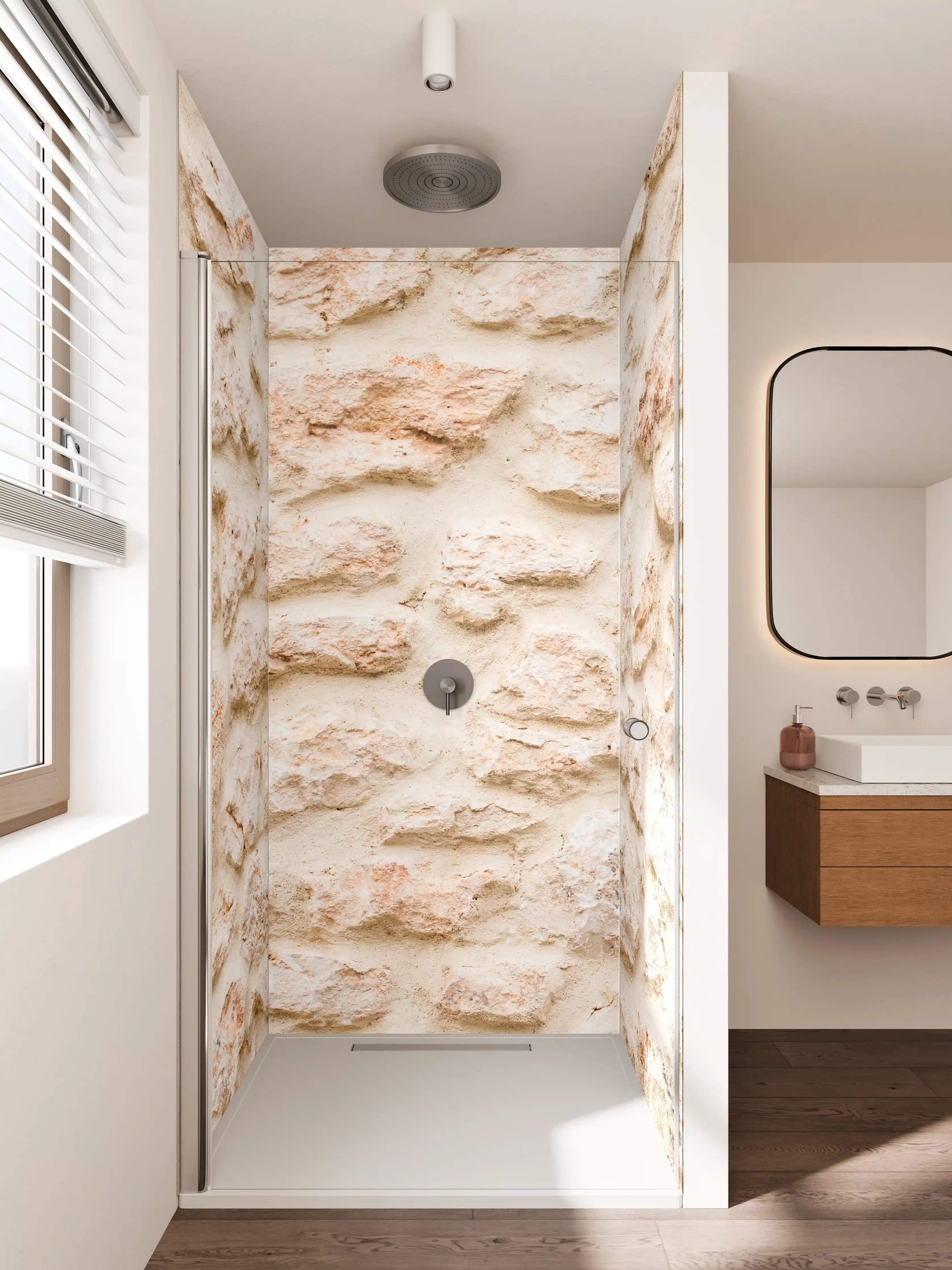 Duschrückwand - Moderne Steinwand mit hellem Putz