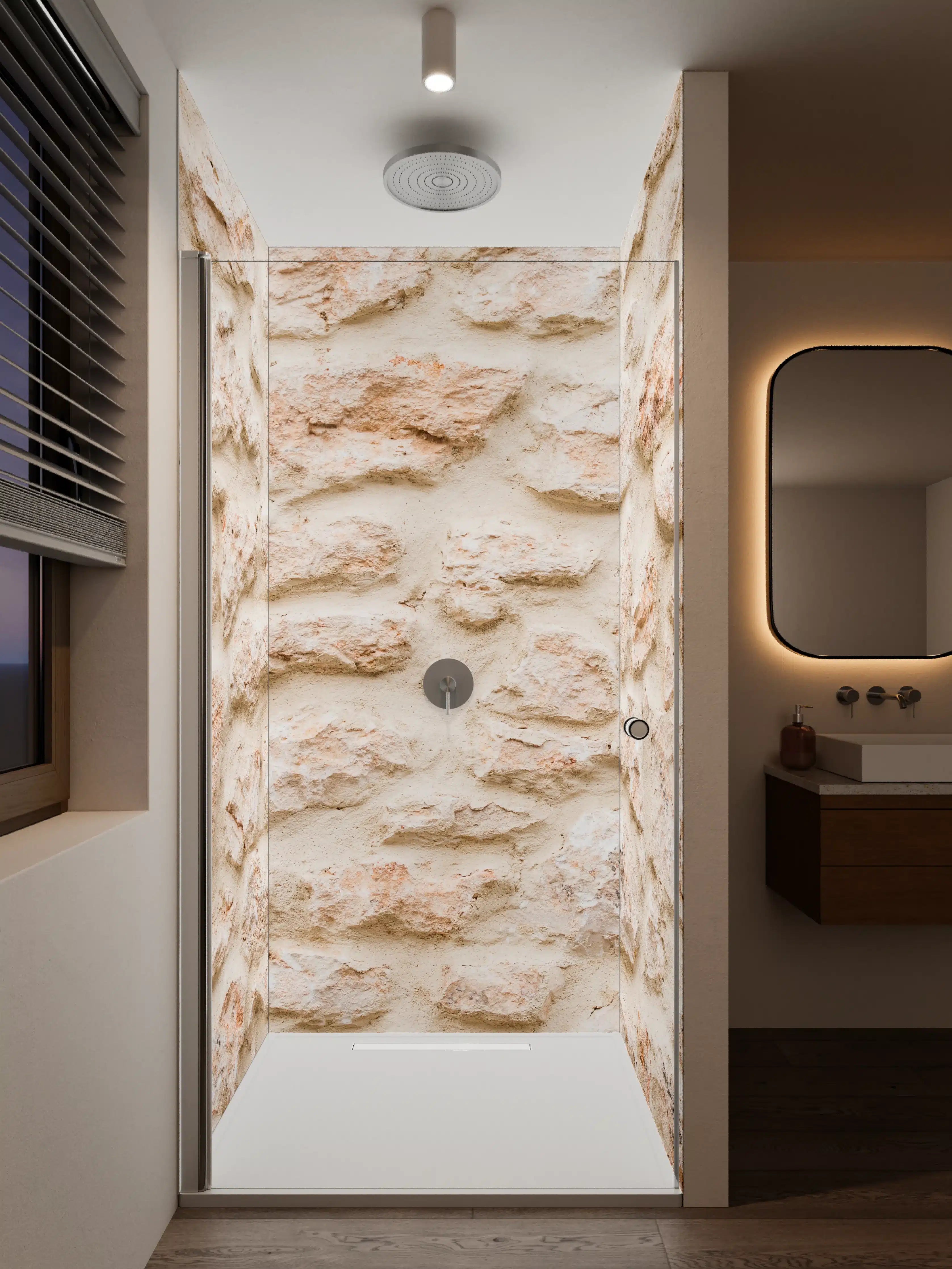 Duschrückwand - Moderne Steinwand mit hellem Putz