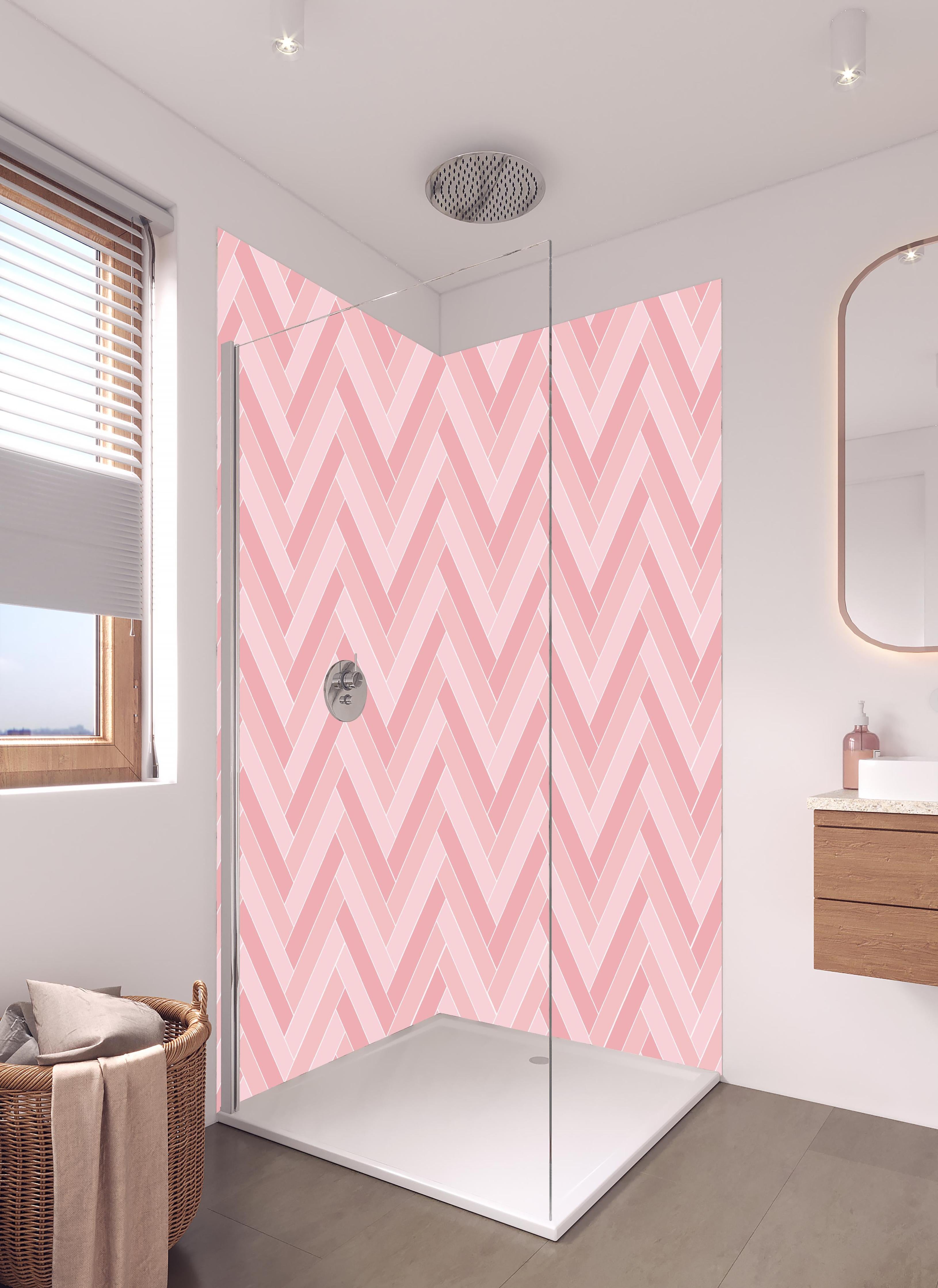 Duschrückwand - Moderne Tapete in Rosatönen mit Zickzack-Muster in hellem Badezimmer mit Regenduschkopf - zweiteilige Eck-Duschrückwand