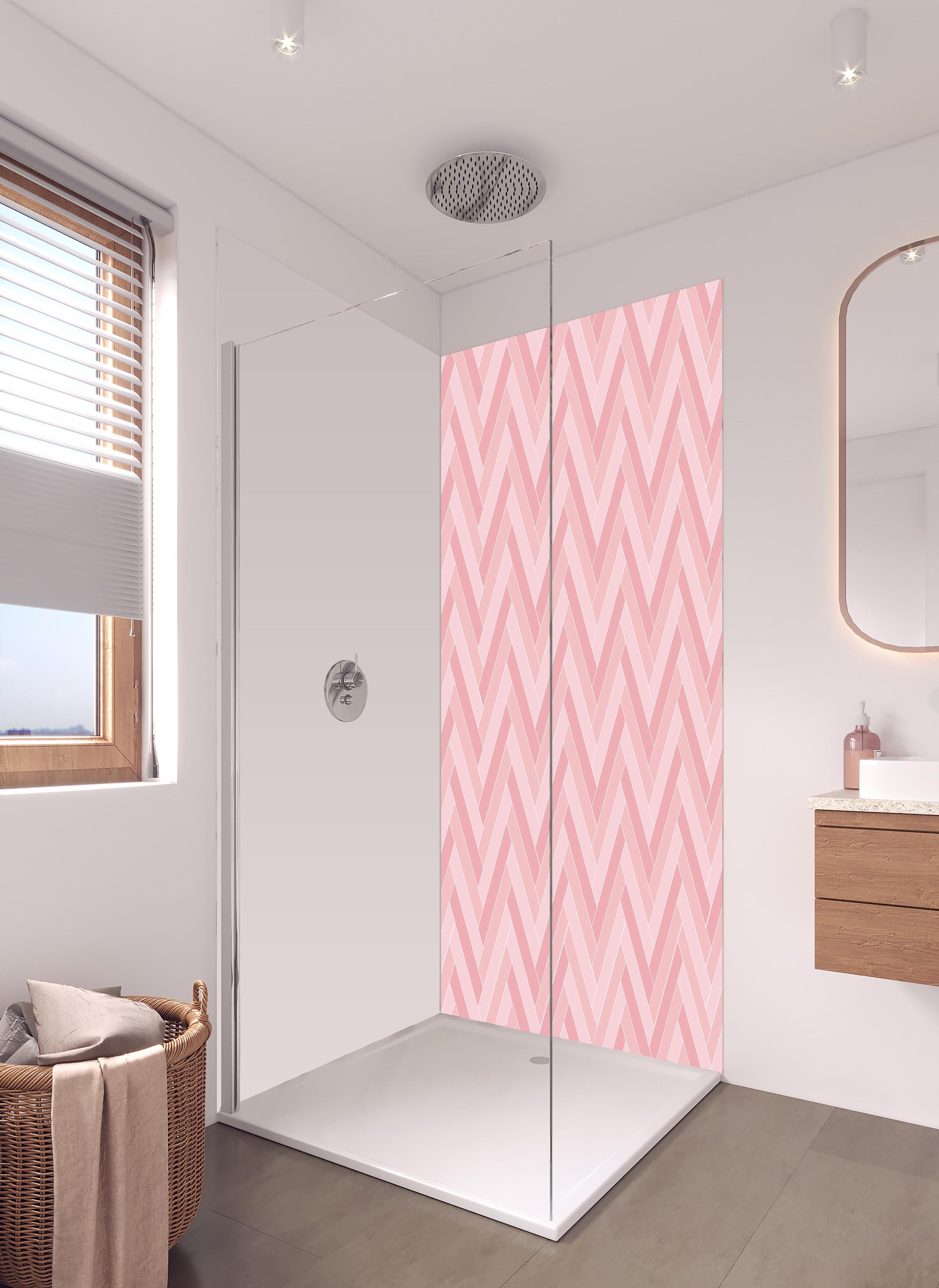 Duschrückwand - Moderne Tapete in Rosatönen mit Zickzack-Muster in hellem Badezimmer mit Regenduschkopf - zweiteilige Eck-Duschrückwand