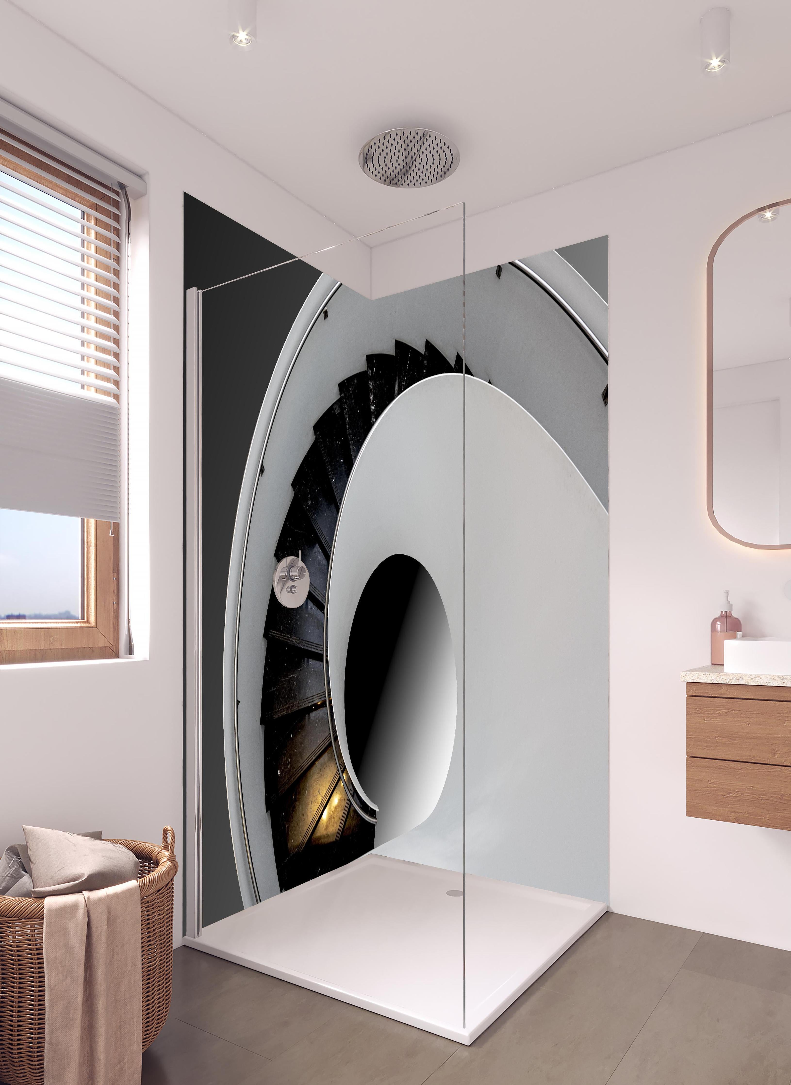 Duschrückwand - Moderne Treppen Architektur in hellem Badezimmer mit Regenduschkopf - zweiteilige Eck-Duschrückwand