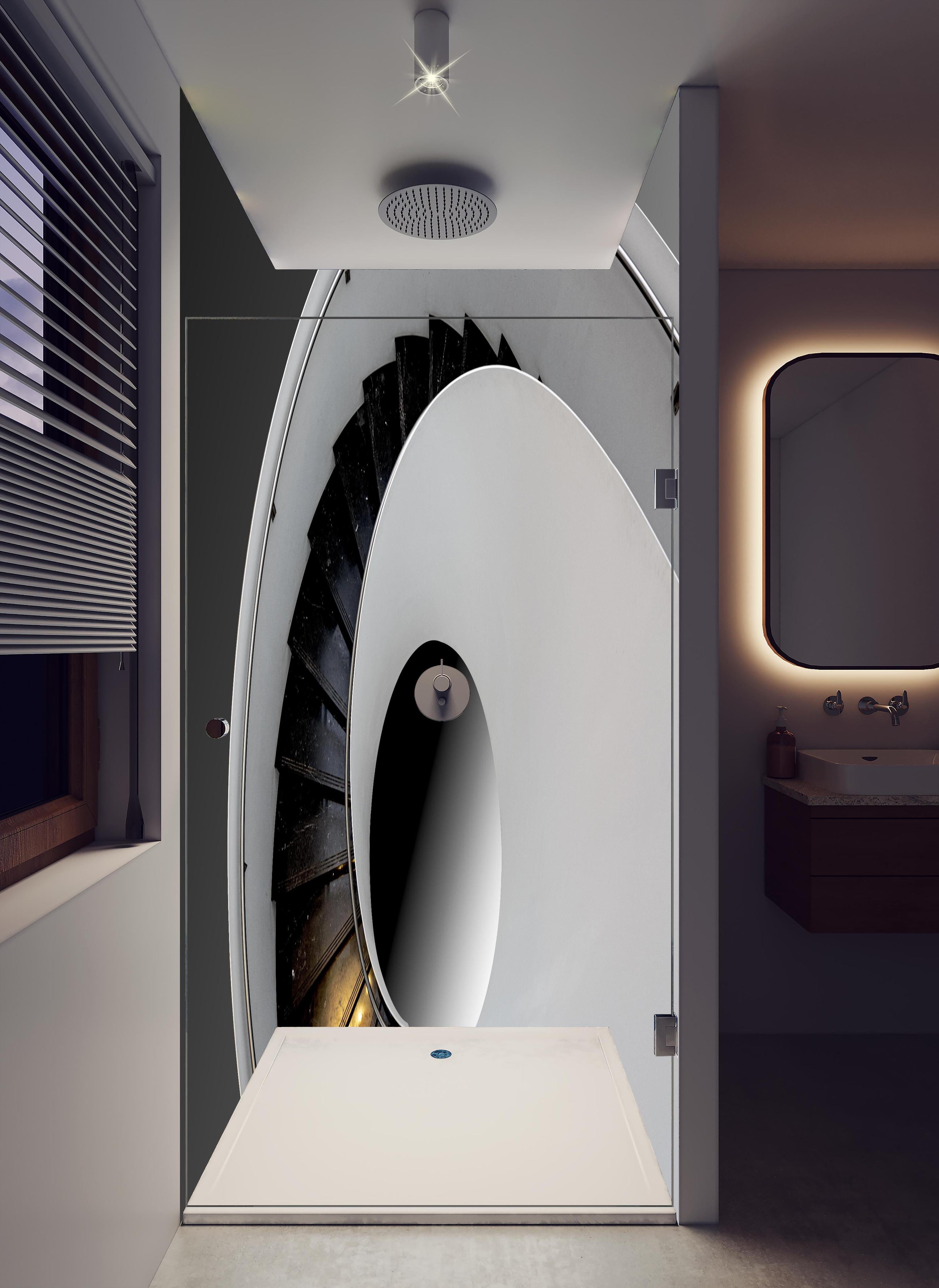 Duschrückwand - Moderne Treppen Architektur in hellem Badezimmer mit Regenduschkopf - zweiteilige Eck-Duschrückwand