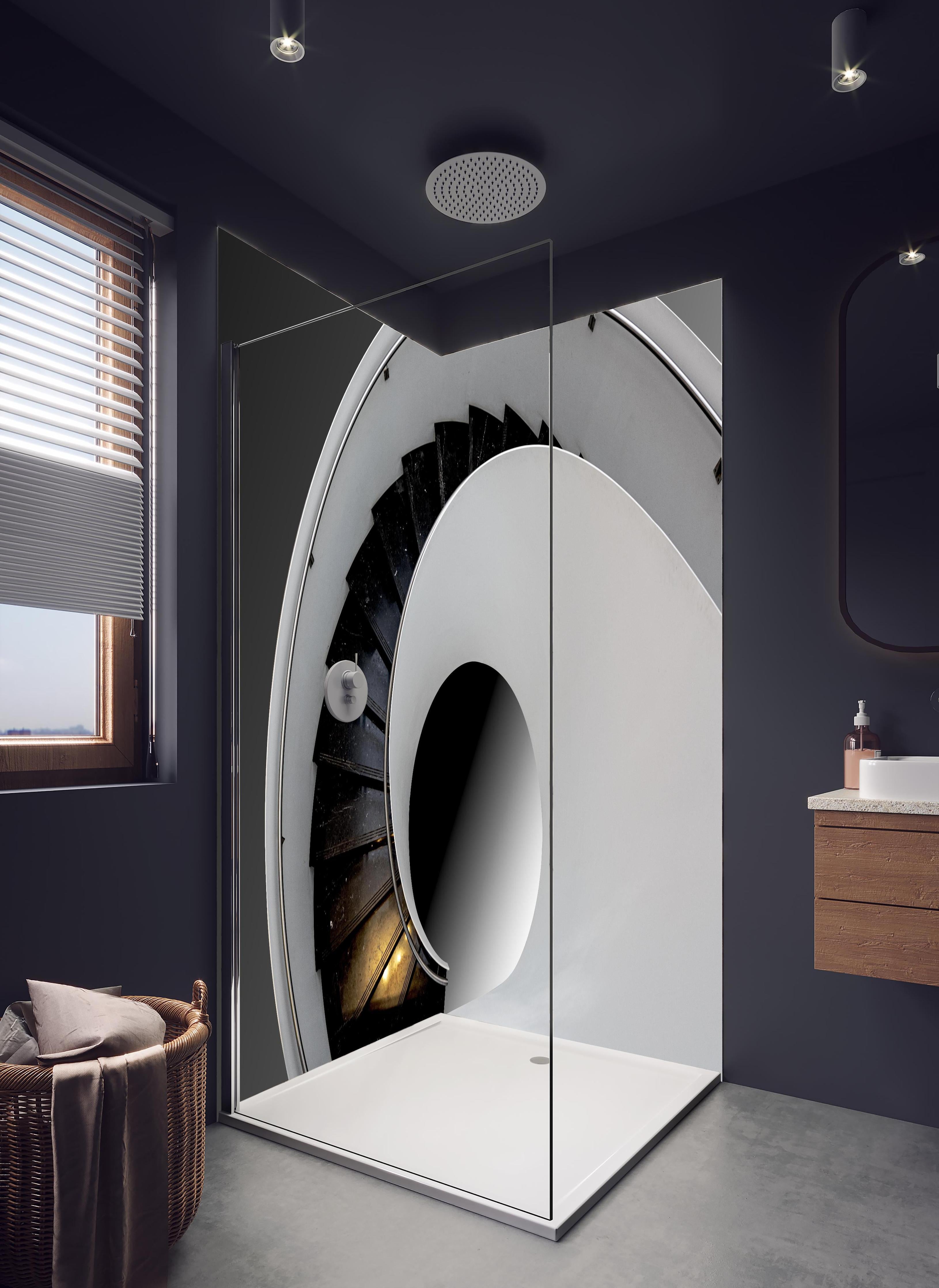 Duschrückwand - Moderne Treppen Architektur in hellem Badezimmer mit Regenduschkopf - zweiteilige Eck-Duschrückwand