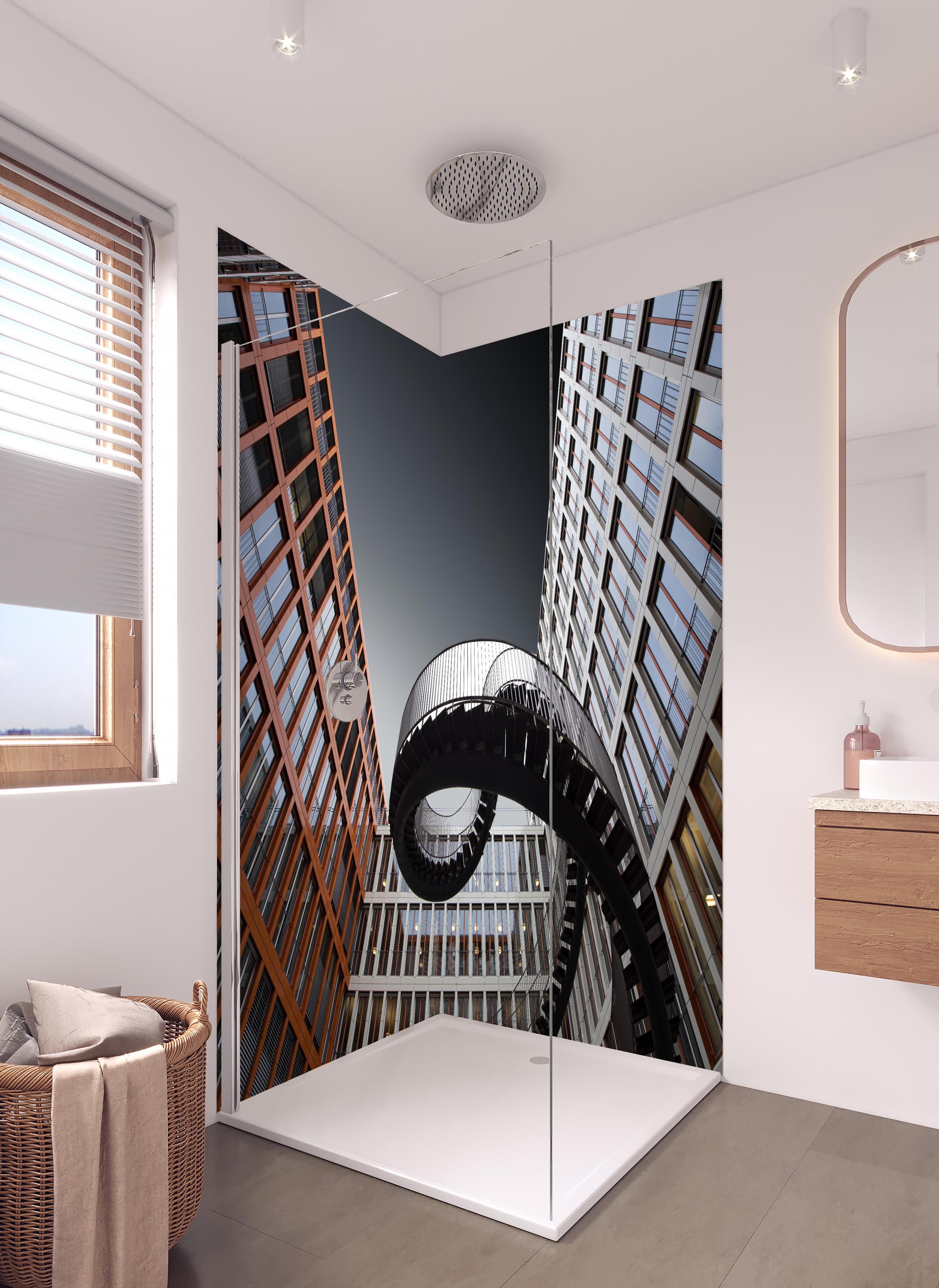 Duschrückwand - Moderne Treppen in hellem Badezimmer mit Regenduschkopf - zweiteilige Eck-Duschrückwand