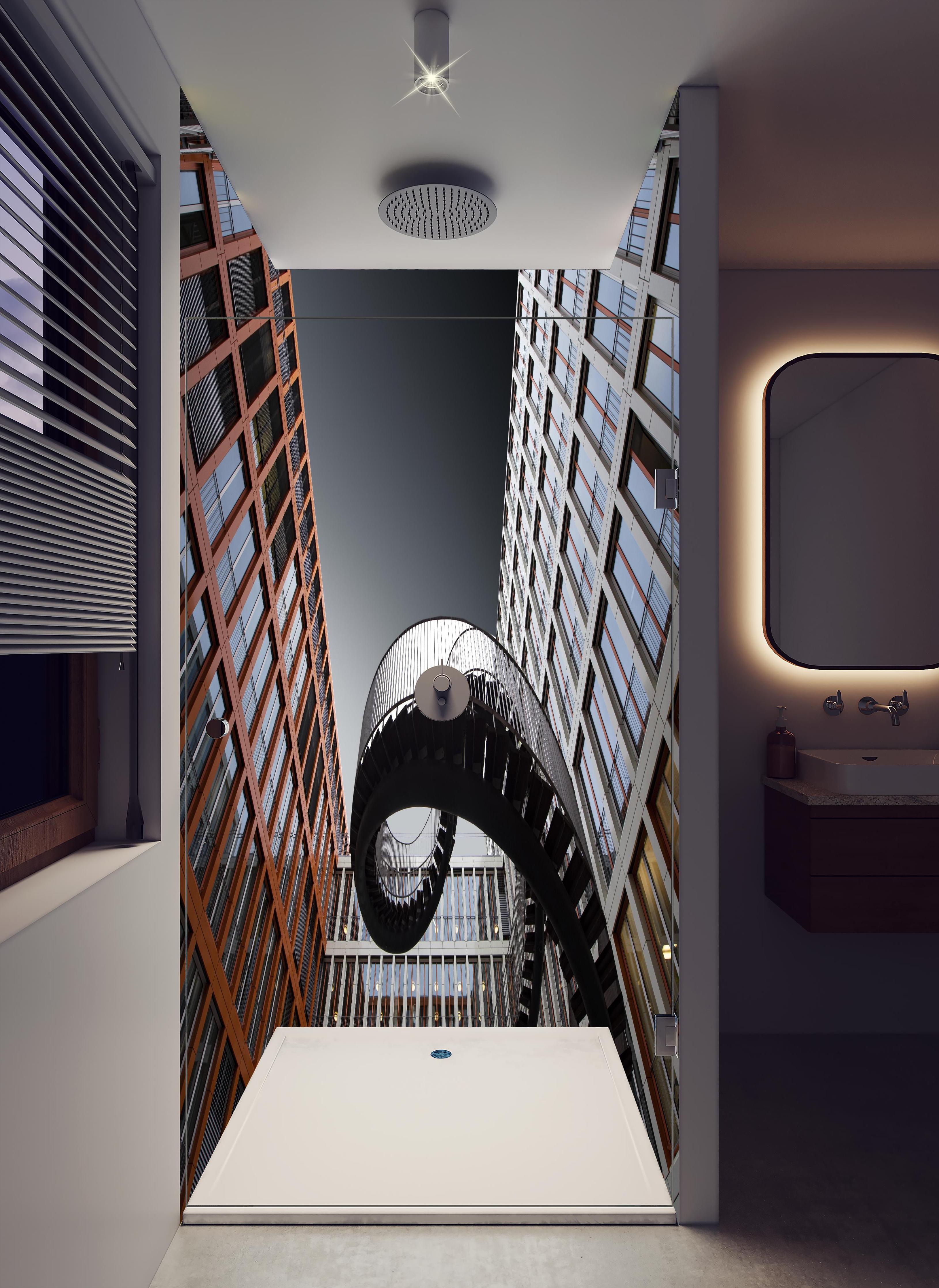 Duschrückwand - Moderne Treppen in hellem Badezimmer mit Regenduschkopf - zweiteilige Eck-Duschrückwand