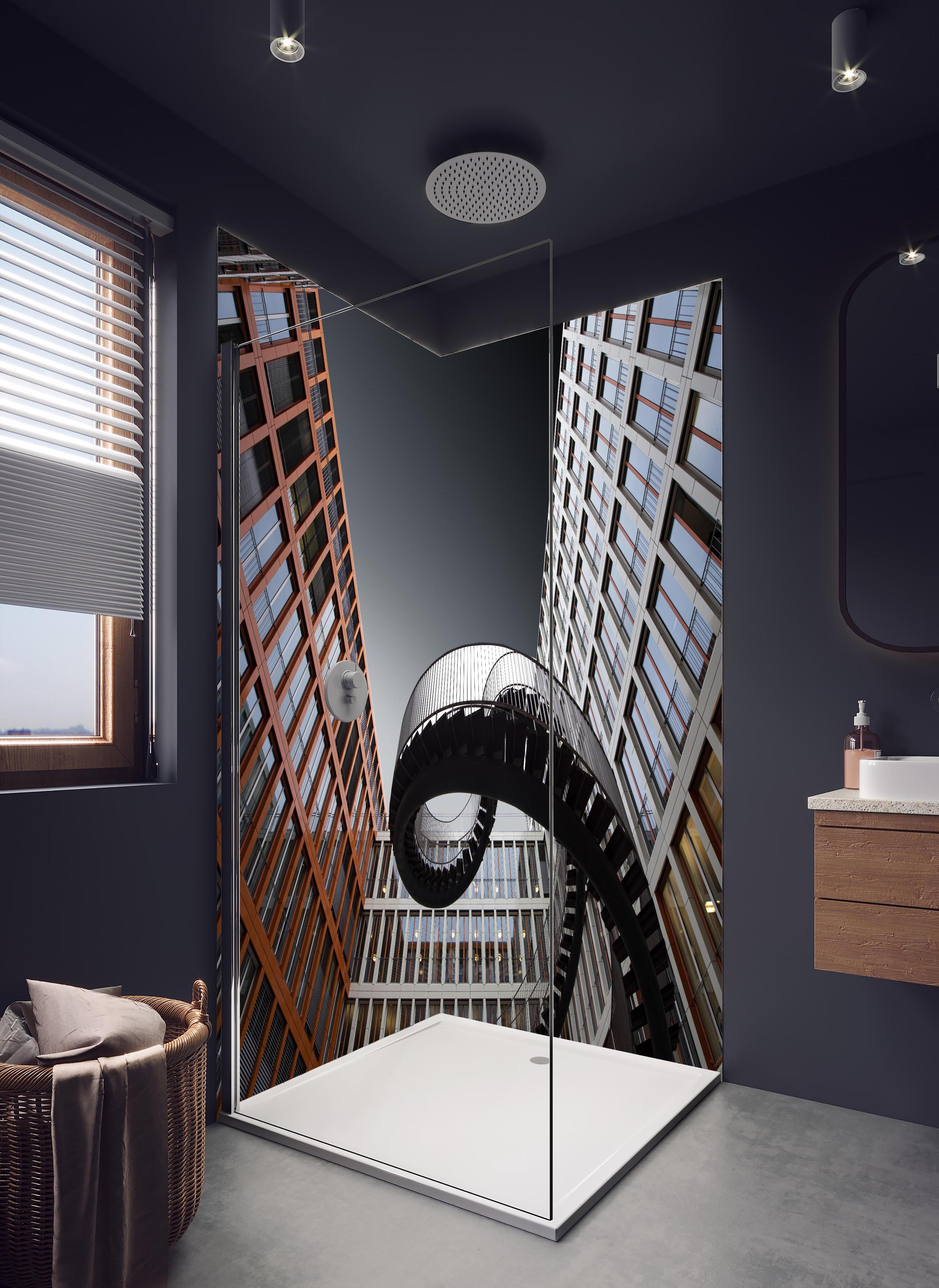 Duschrückwand - Moderne Treppen in hellem Badezimmer mit Regenduschkopf - zweiteilige Eck-Duschrückwand