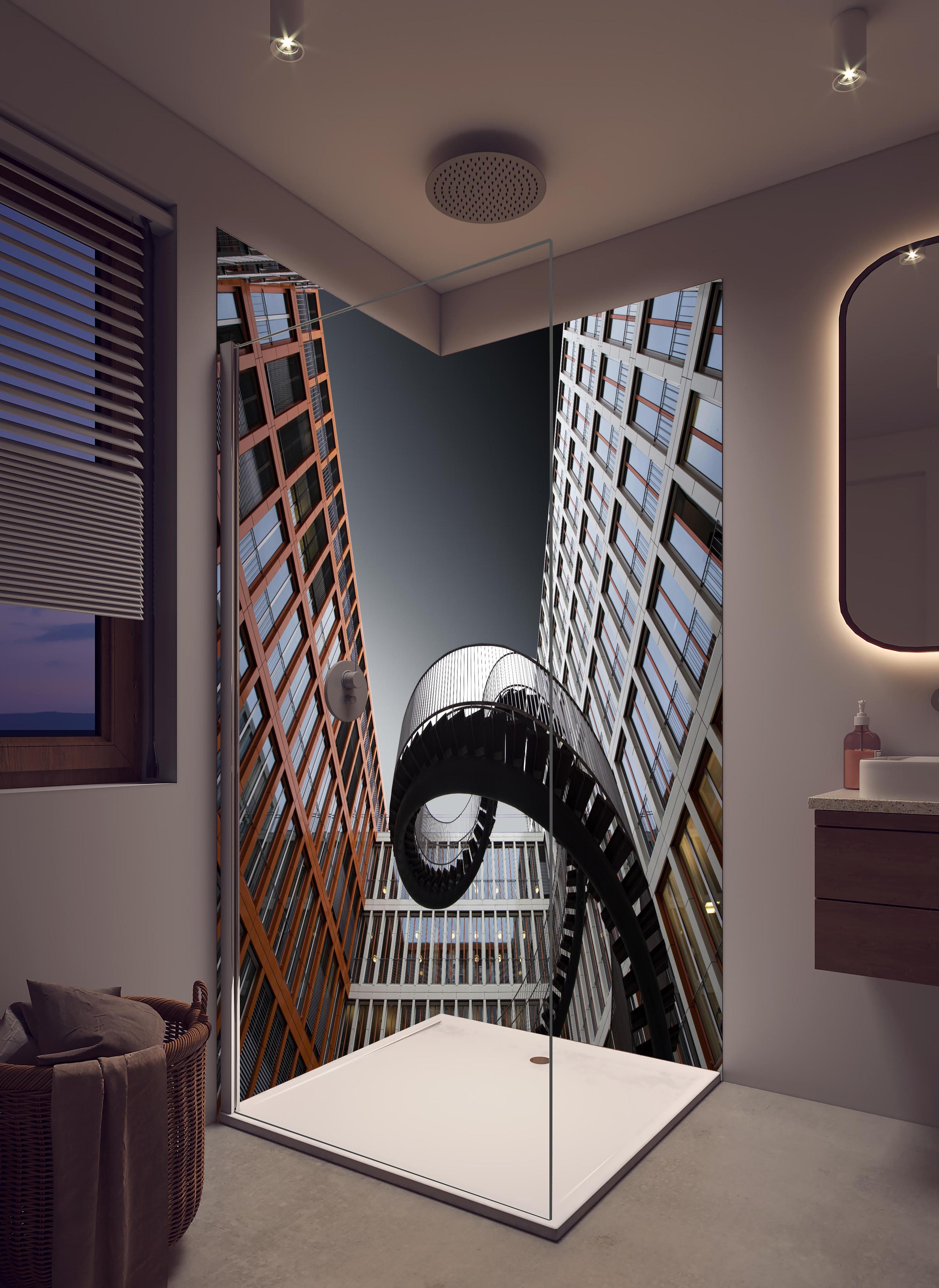 Duschrückwand - Moderne Treppen in hellem Badezimmer mit Regenduschkopf - zweiteilige Eck-Duschrückwand