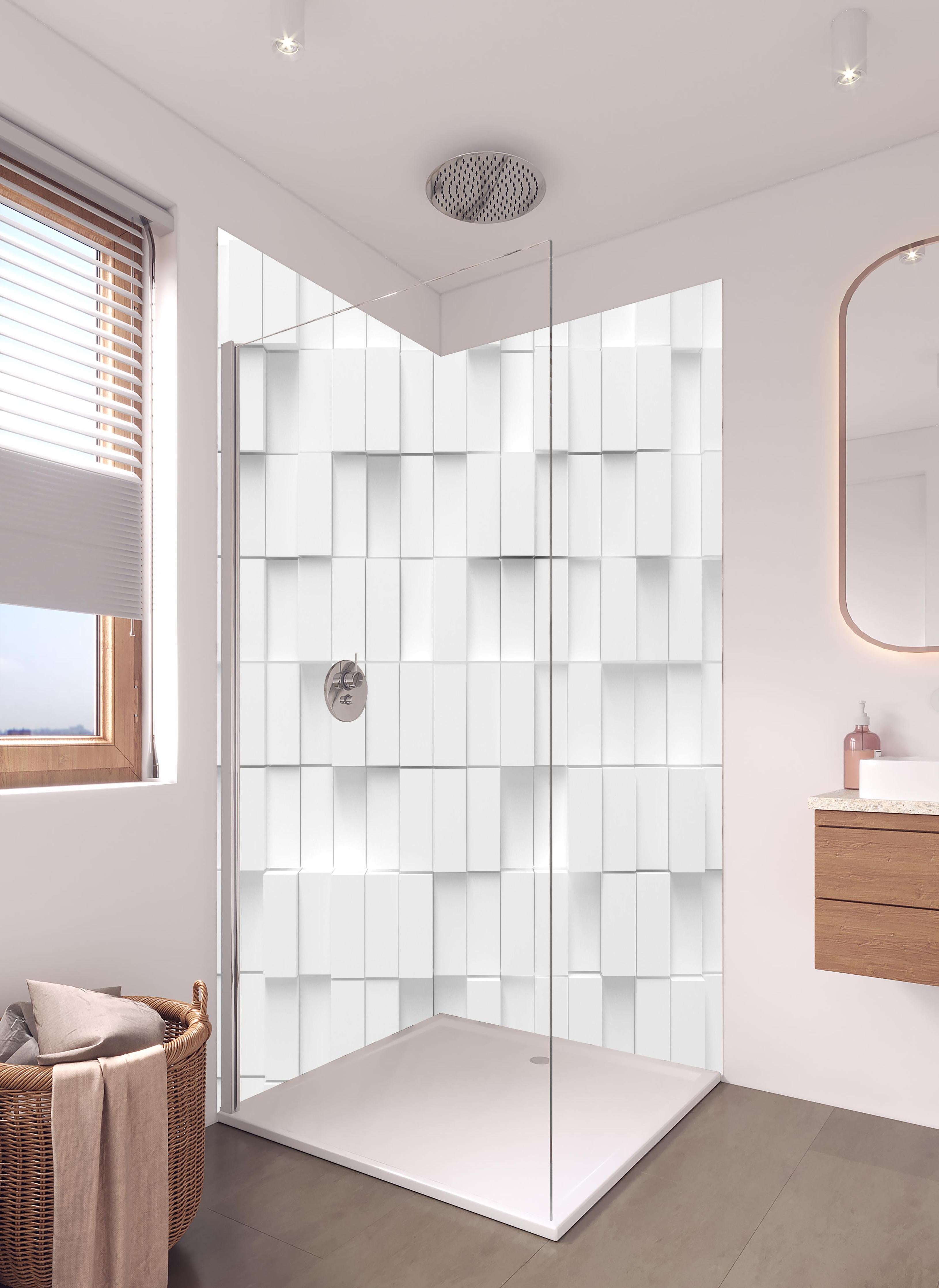 Duschrückwand - Moderne Vierecks Textur in hellem Badezimmer mit Regenduschkopf - zweiteilige Eck-Duschrückwand