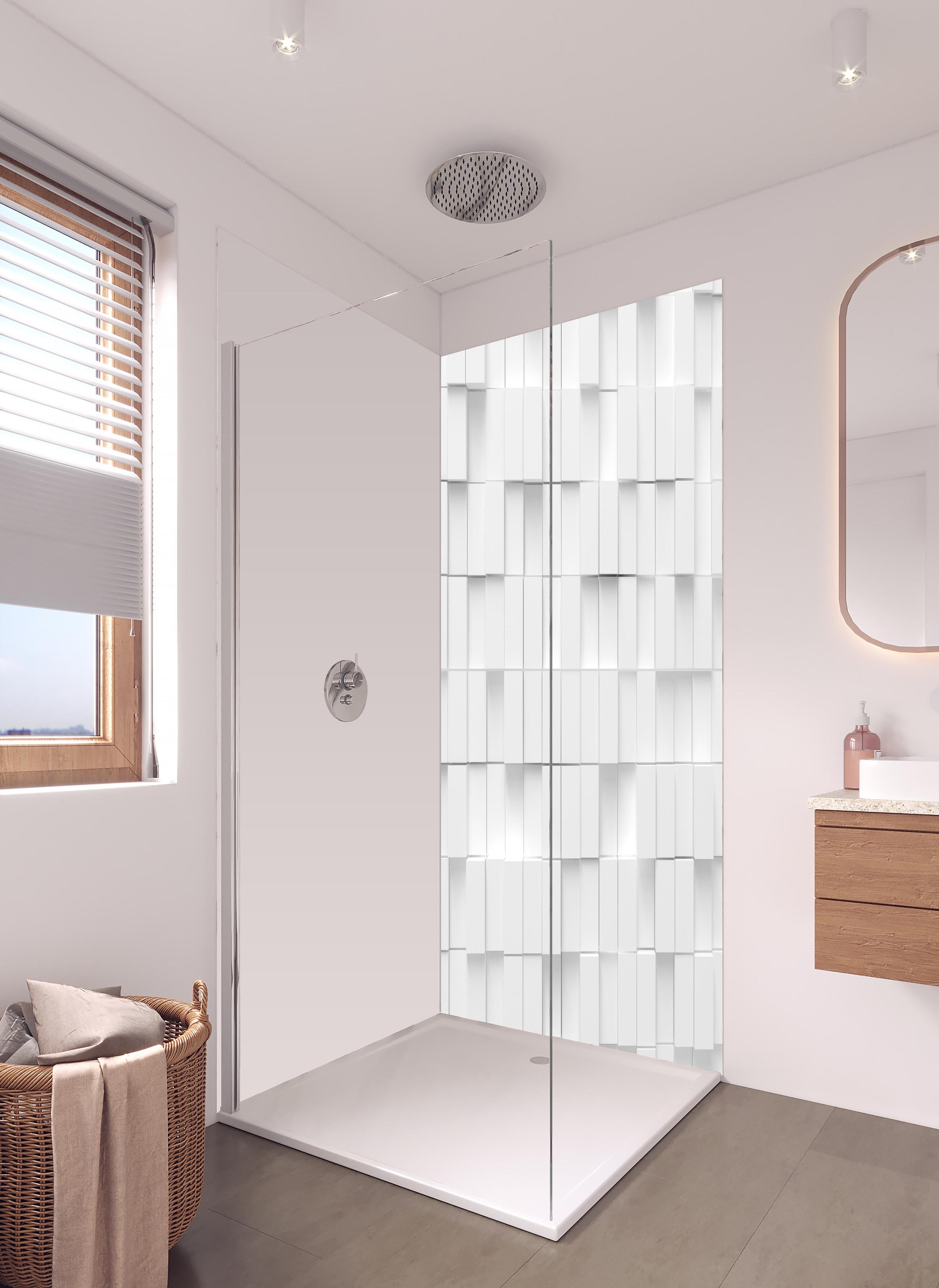 Duschrückwand - Moderne Vierecks Textur in hellem Badezimmer mit Regenduschkopf - zweiteilige Eck-Duschrückwand