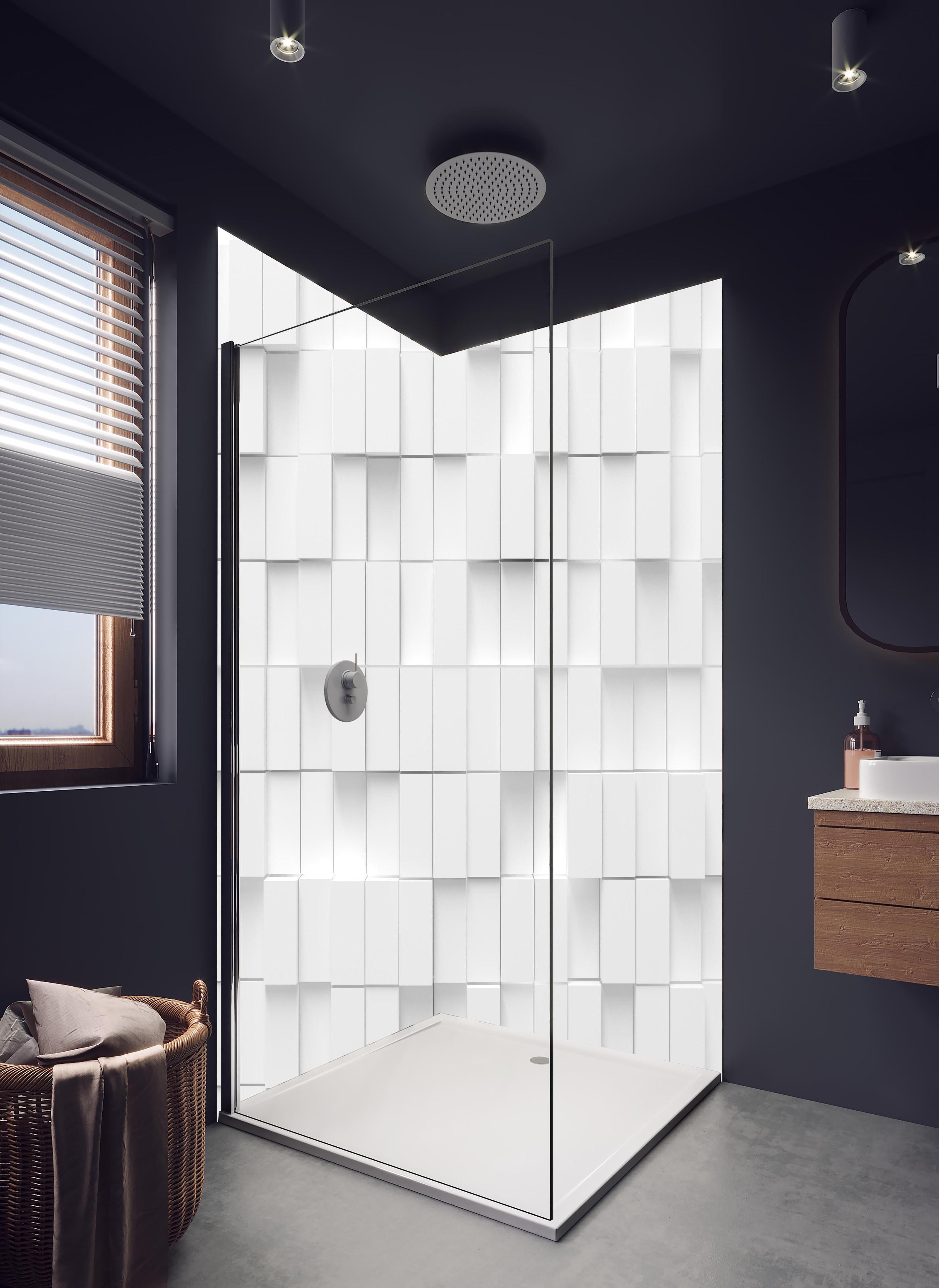 Duschrückwand - Moderne Vierecks Textur in hellem Badezimmer mit Regenduschkopf - zweiteilige Eck-Duschrückwand