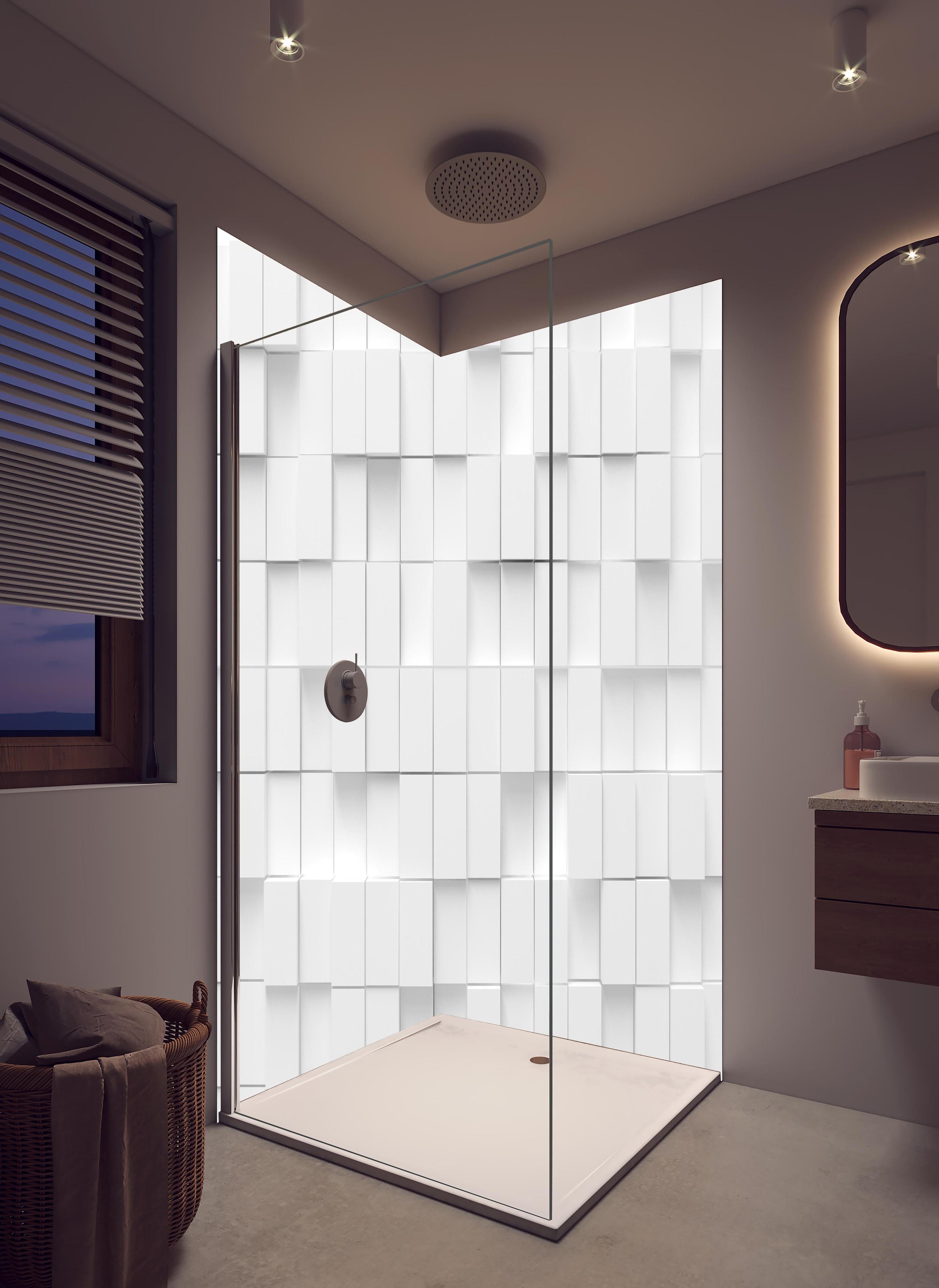 Duschrückwand - Moderne Vierecks Textur in hellem Badezimmer mit Regenduschkopf - zweiteilige Eck-Duschrückwand