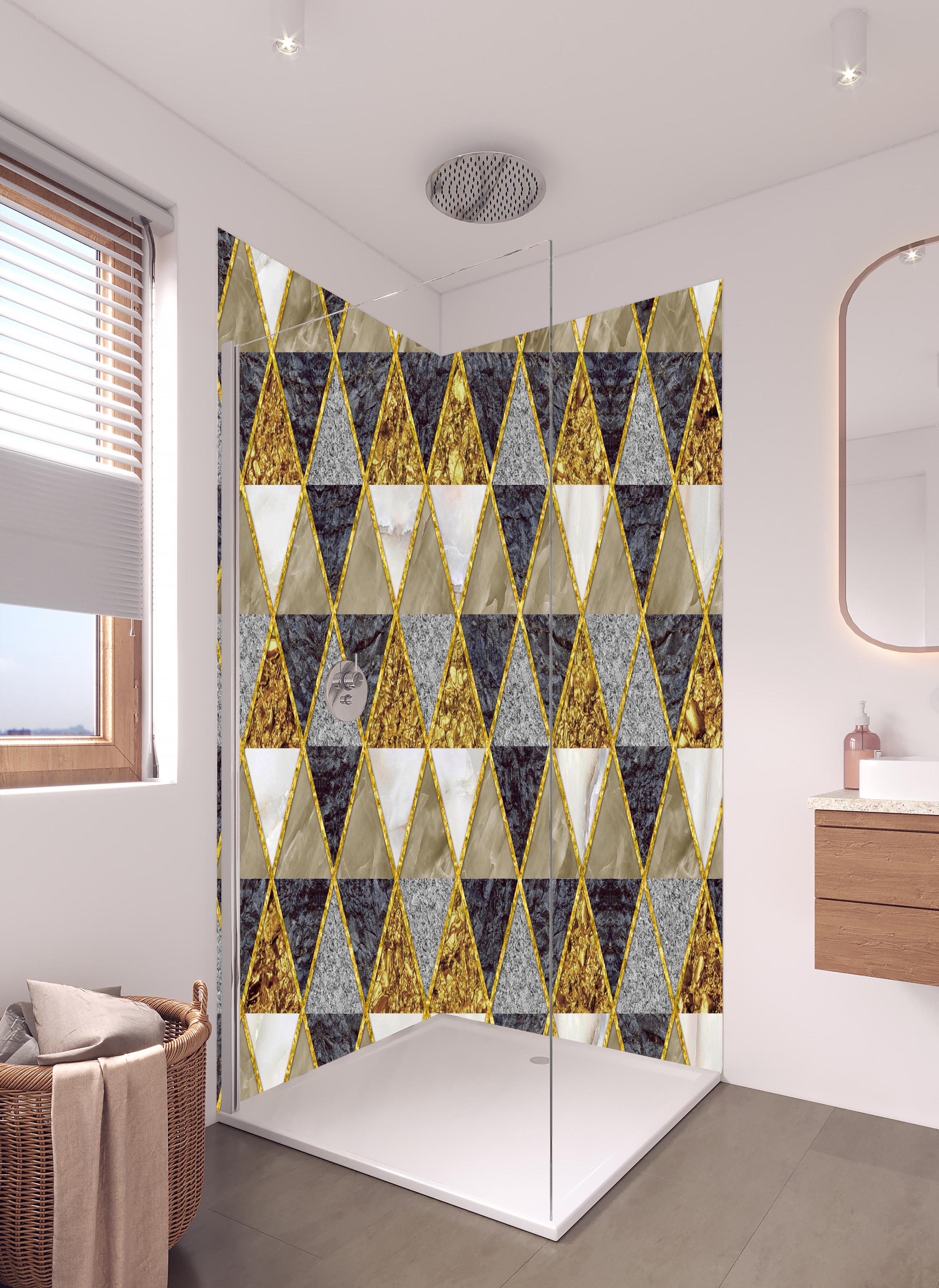 Duschrückwand - Moderne Wanddekoration - Mosaik in hellem Badezimmer mit Regenduschkopf - zweiteilige Eck-Duschrückwand