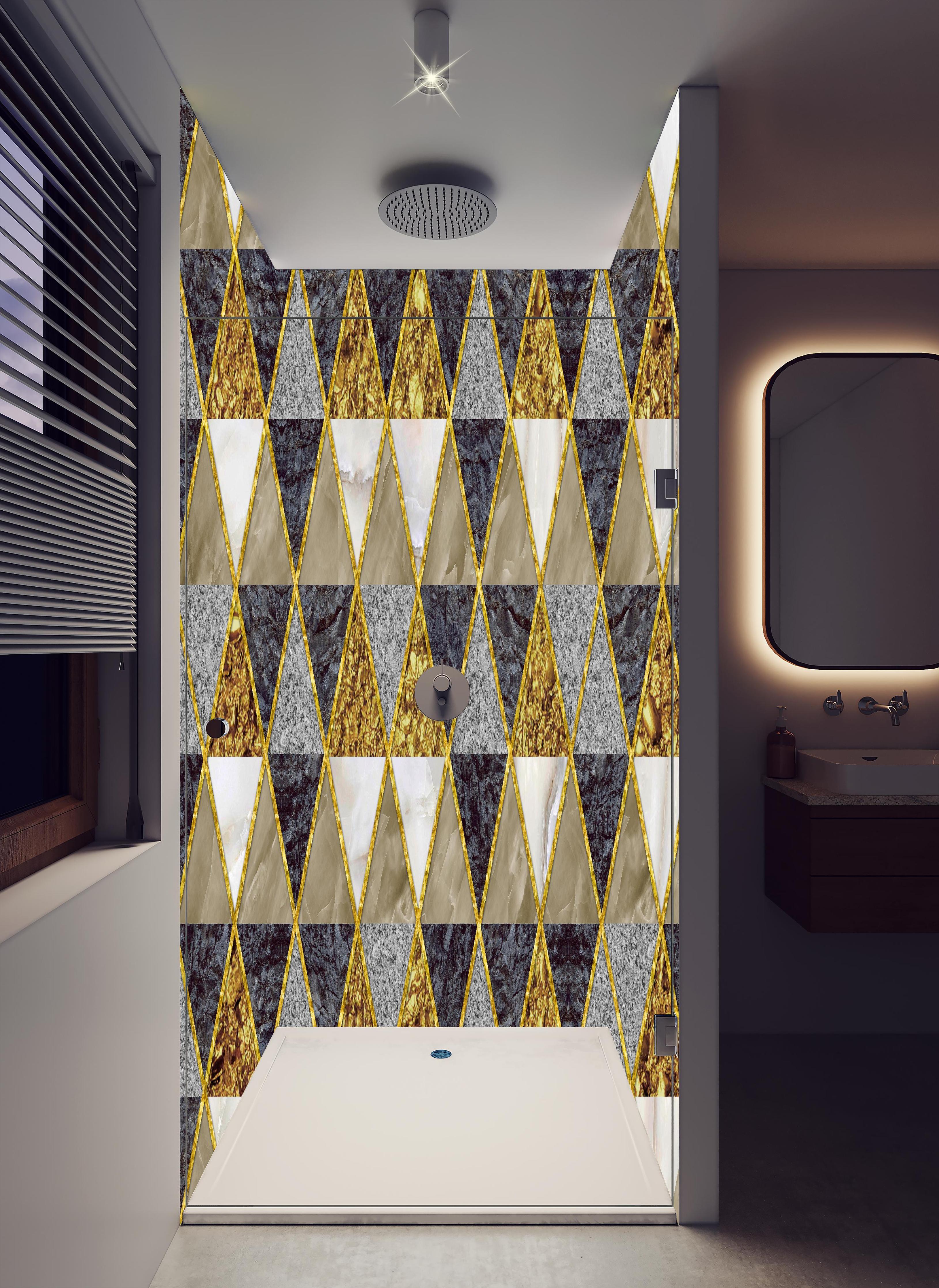 Duschrückwand - Moderne Wanddekoration - Mosaik in hellem Badezimmer mit Regenduschkopf - zweiteilige Eck-Duschrückwand