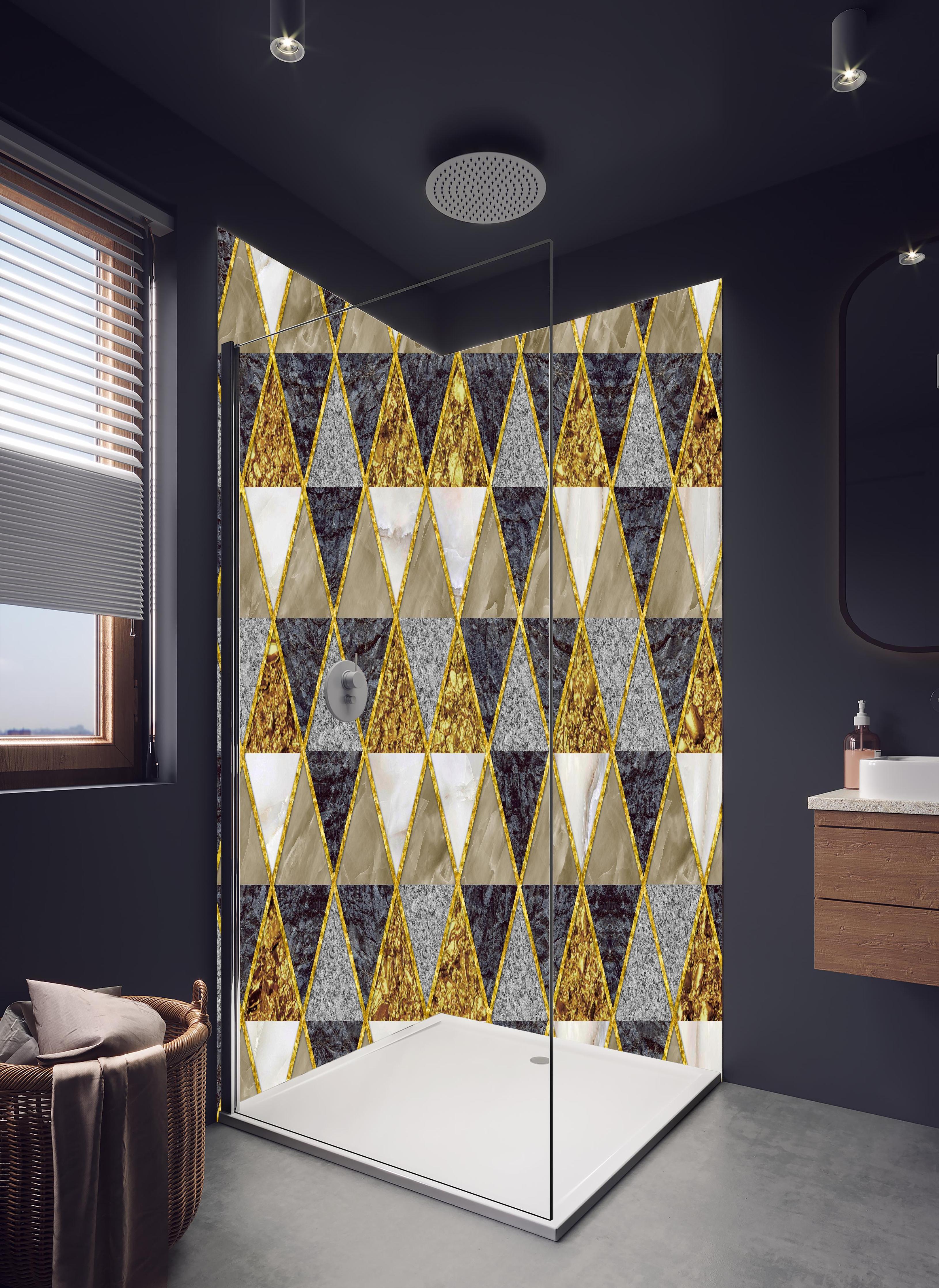 Duschrückwand - Moderne Wanddekoration - Mosaik in hellem Badezimmer mit Regenduschkopf - zweiteilige Eck-Duschrückwand