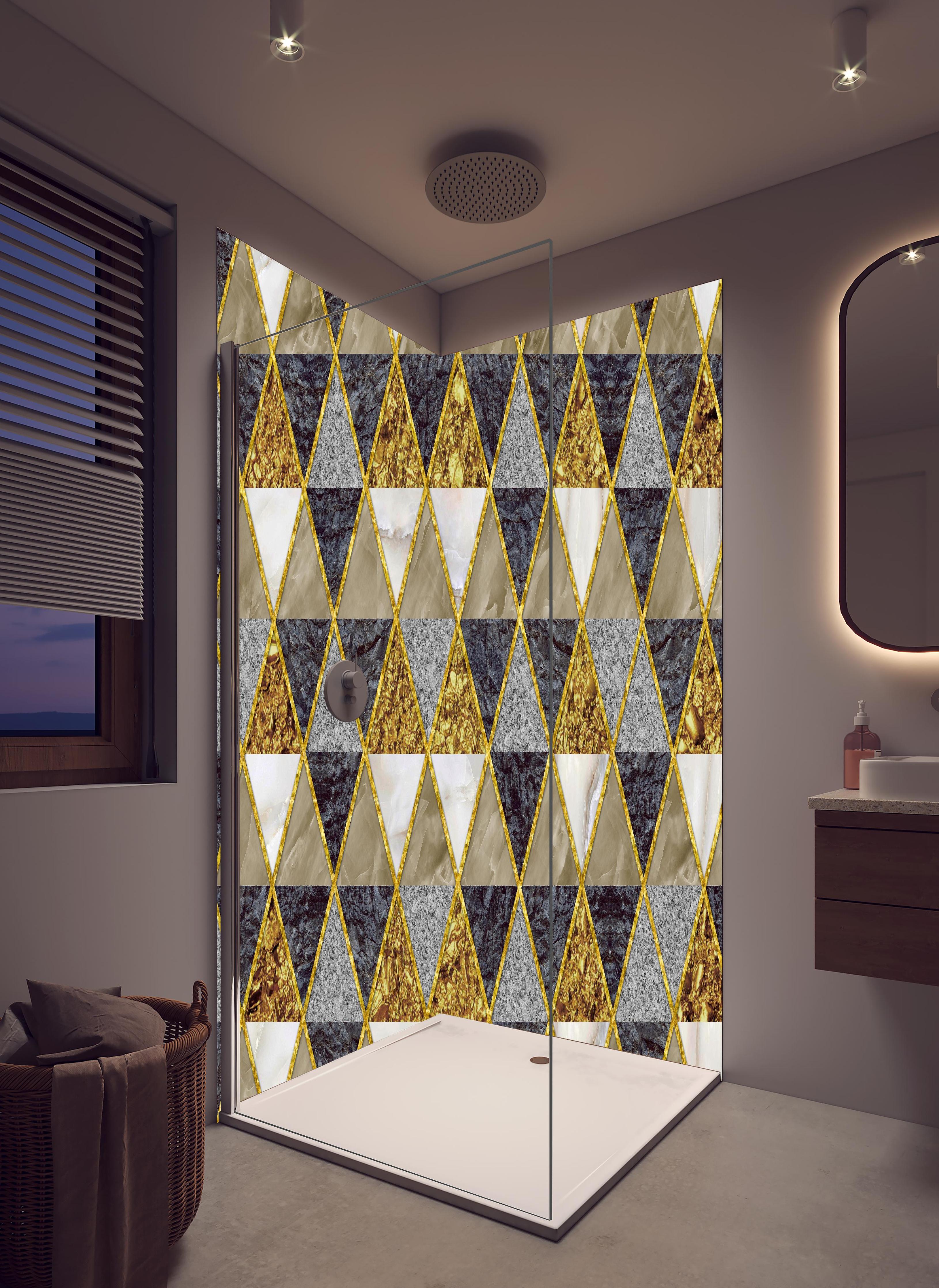 Duschrückwand - Moderne Wanddekoration - Mosaik in hellem Badezimmer mit Regenduschkopf - zweiteilige Eck-Duschrückwand