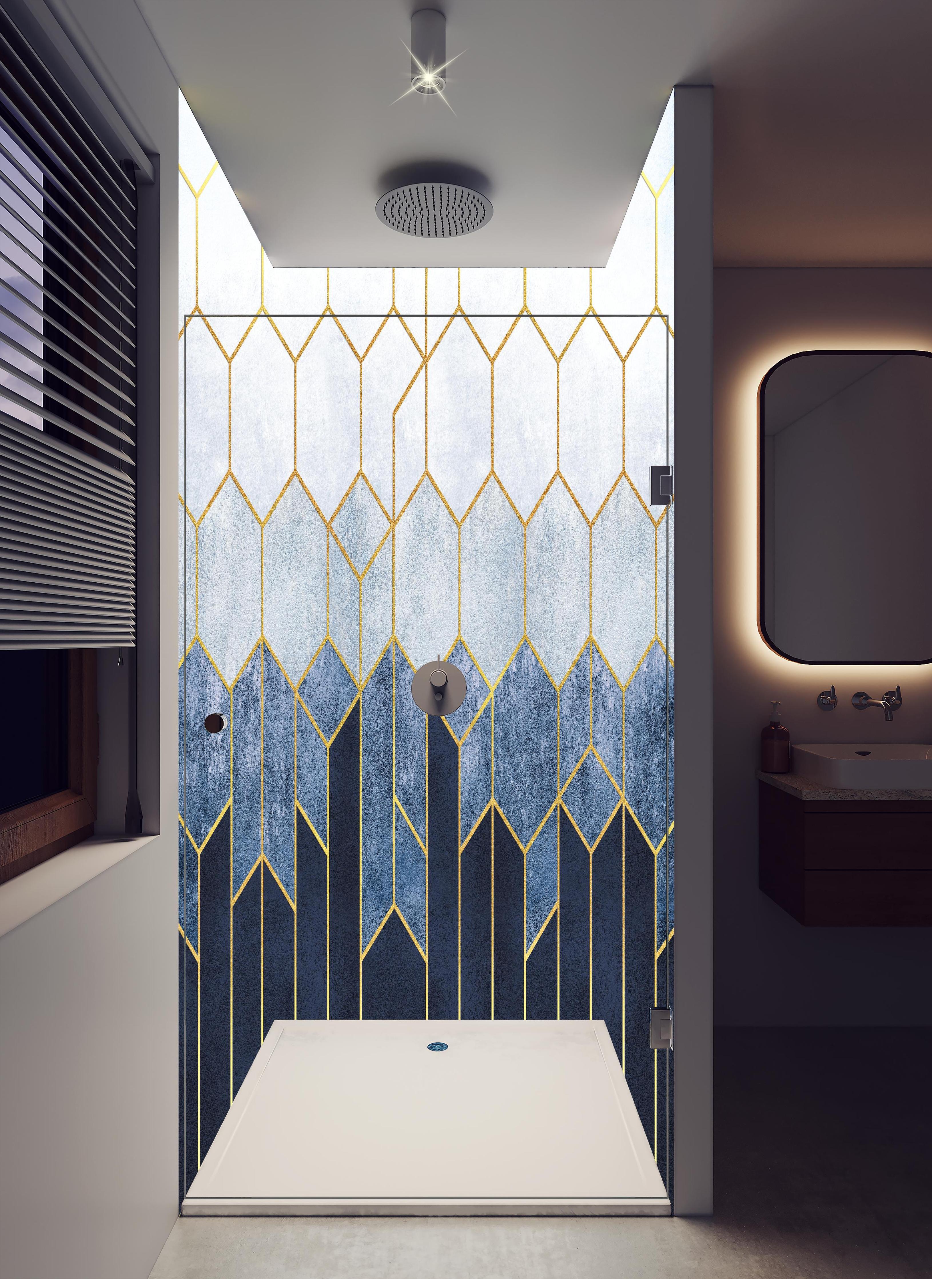 Duschrückwand - Moderne Wandstruktur in hellem Badezimmer mit Regenduschkopf - zweiteilige Eck-Duschrückwand