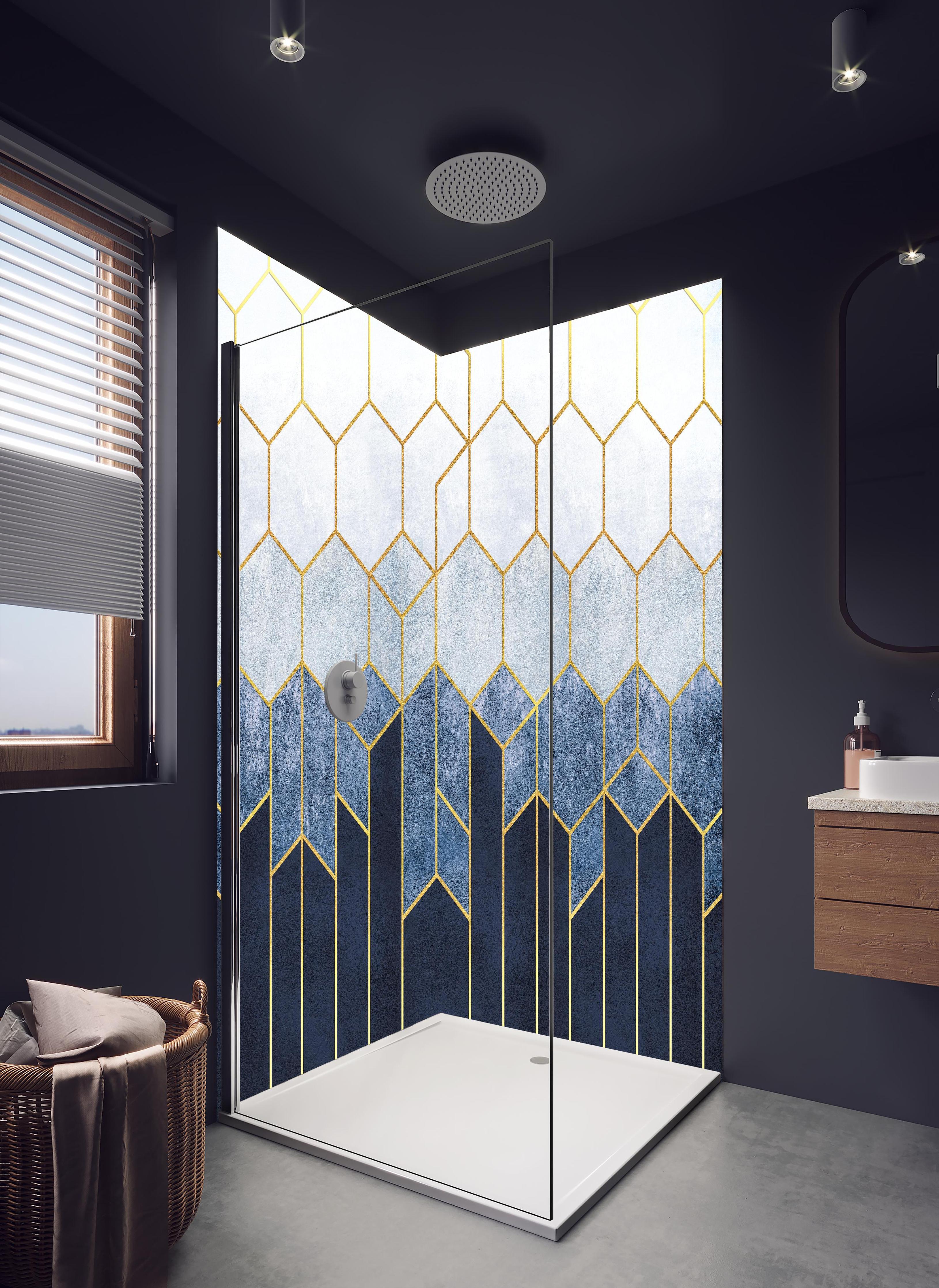 Duschrückwand - Moderne Wandstruktur in hellem Badezimmer mit Regenduschkopf - zweiteilige Eck-Duschrückwand