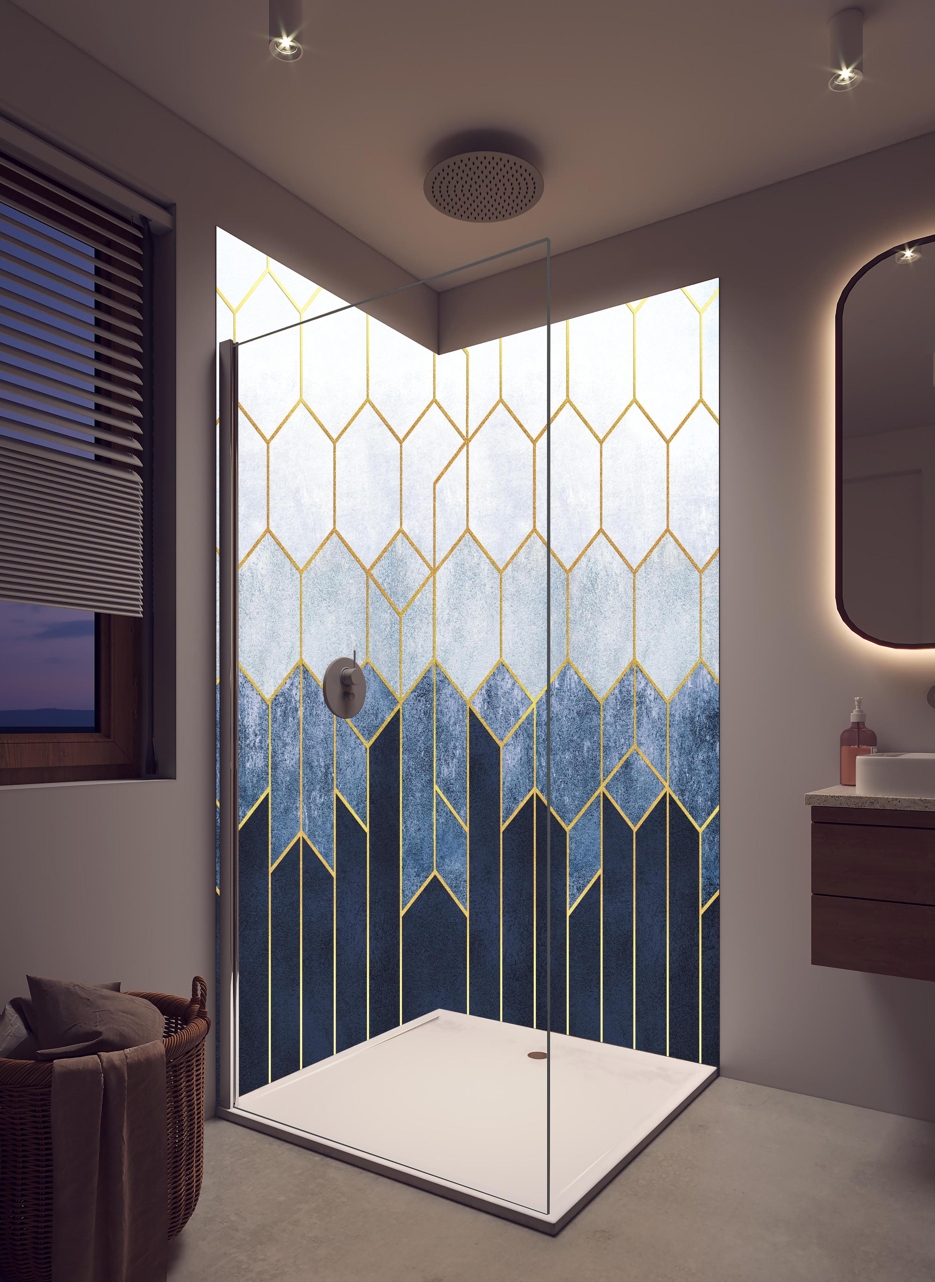 Duschrückwand - Moderne Wandstruktur in hellem Badezimmer mit Regenduschkopf - zweiteilige Eck-Duschrückwand