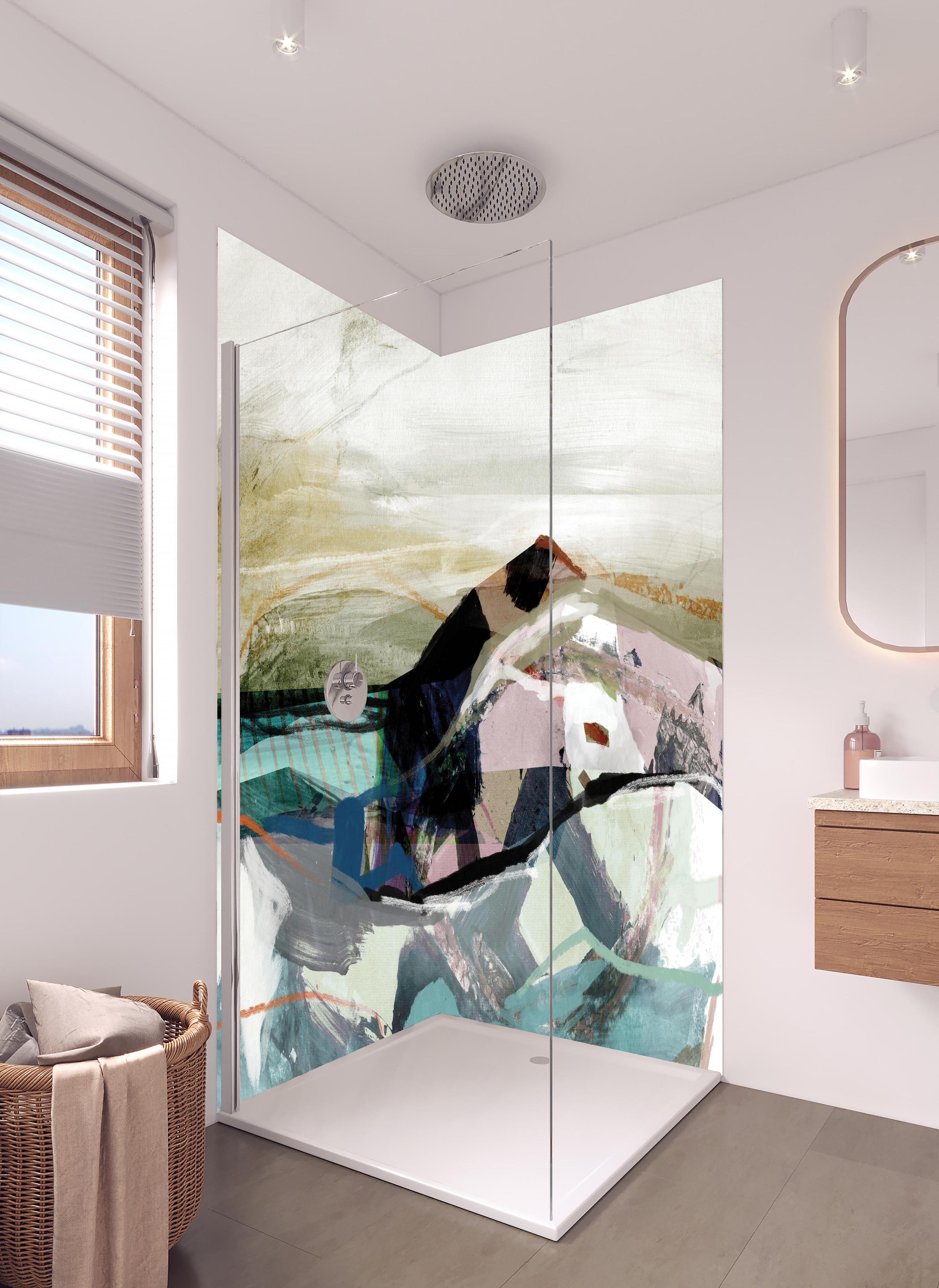 Duschrückwand - Moderne abstrakte Berglandschaft Malerei in hellem Badezimmer mit Regenduschkopf - zweiteilige Eck-Duschrückwand