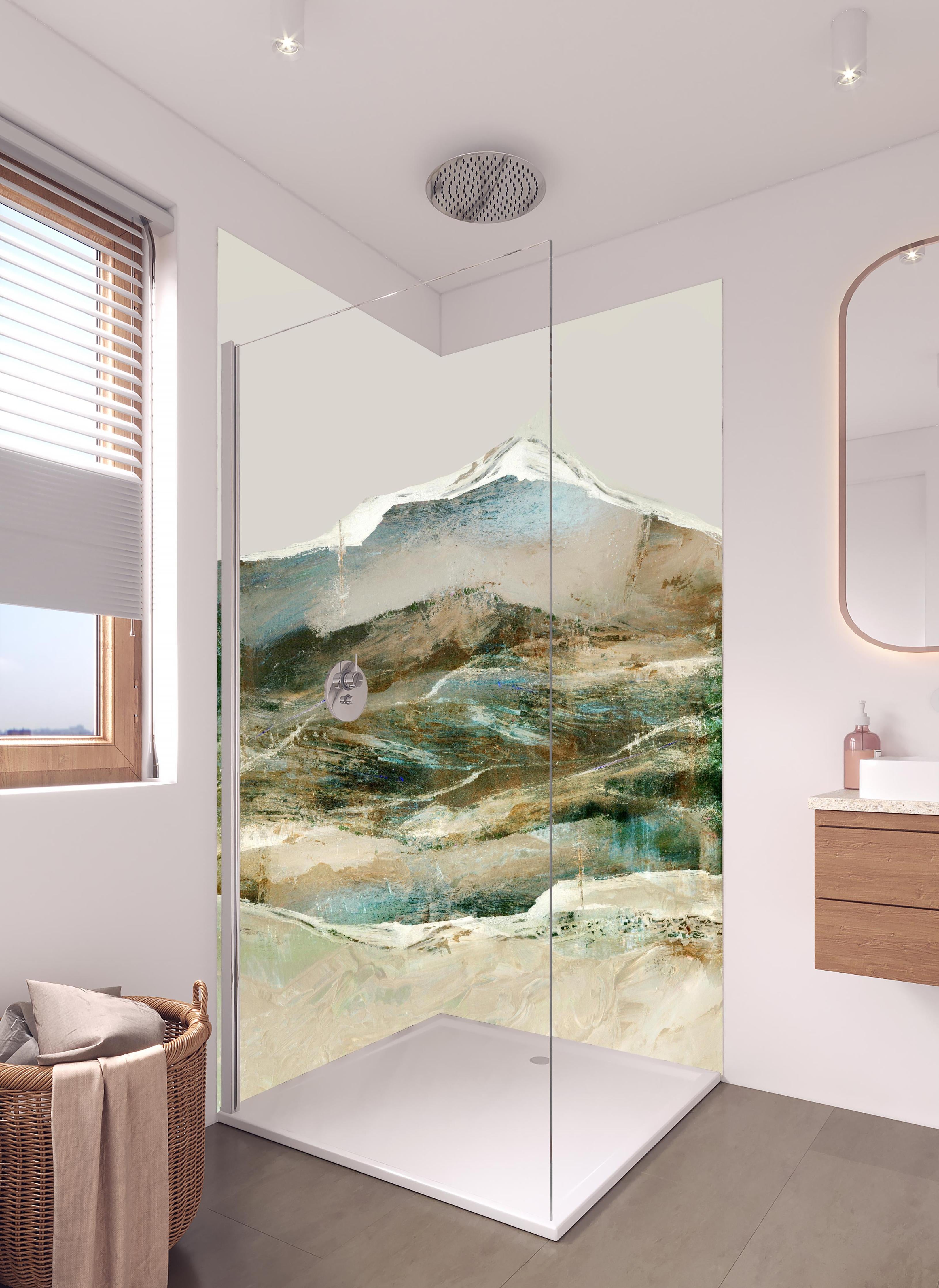 Duschrückwand - Moderne abstrakte Berglandschaft in sanften Tönen in hellem Badezimmer mit Regenduschkopf - zweiteilige Eck-Duschrückwand