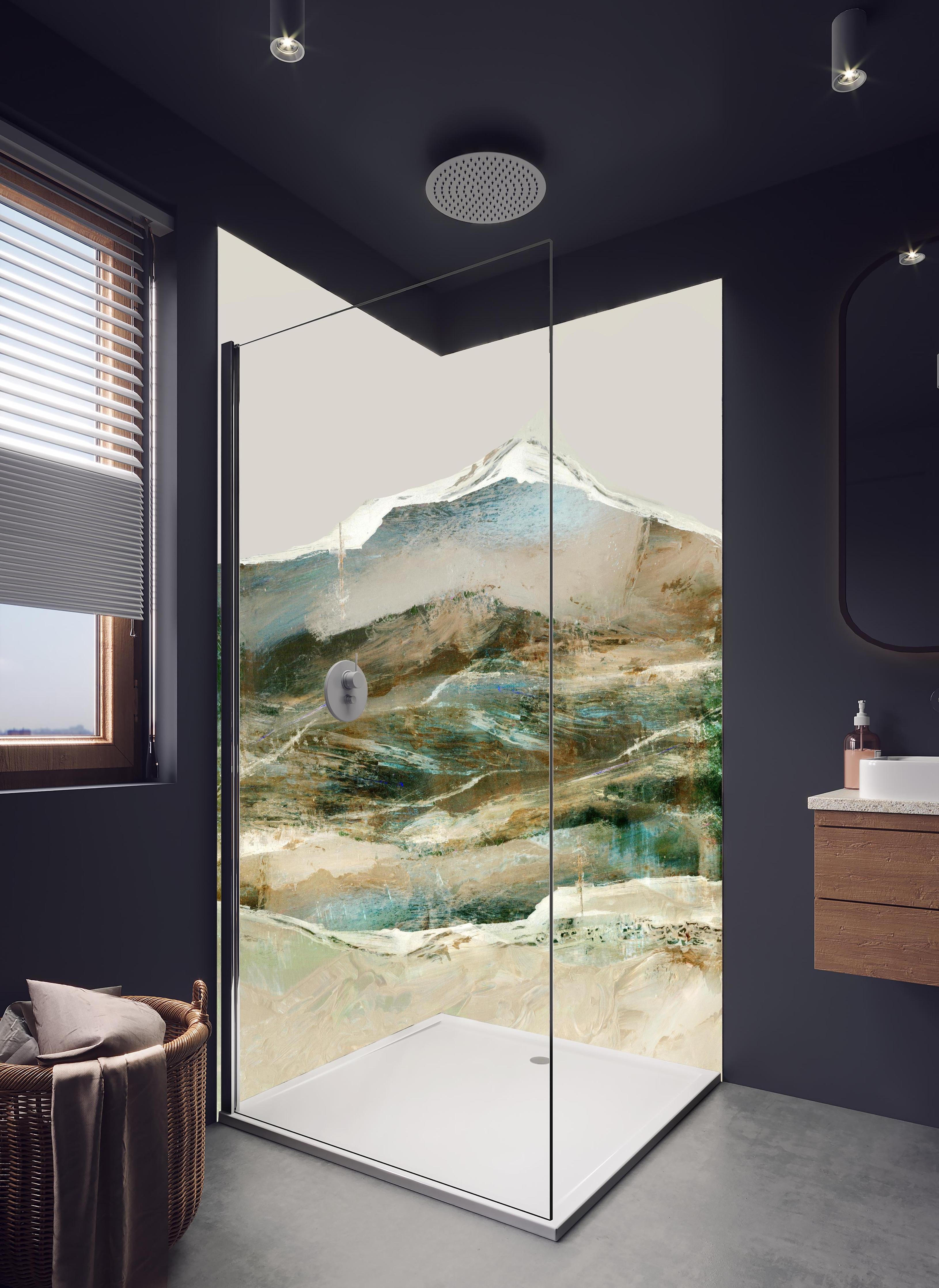 Duschrückwand - Moderne abstrakte Berglandschaft in sanften Tönen in hellem Badezimmer mit Regenduschkopf - zweiteilige Eck-Duschrückwand