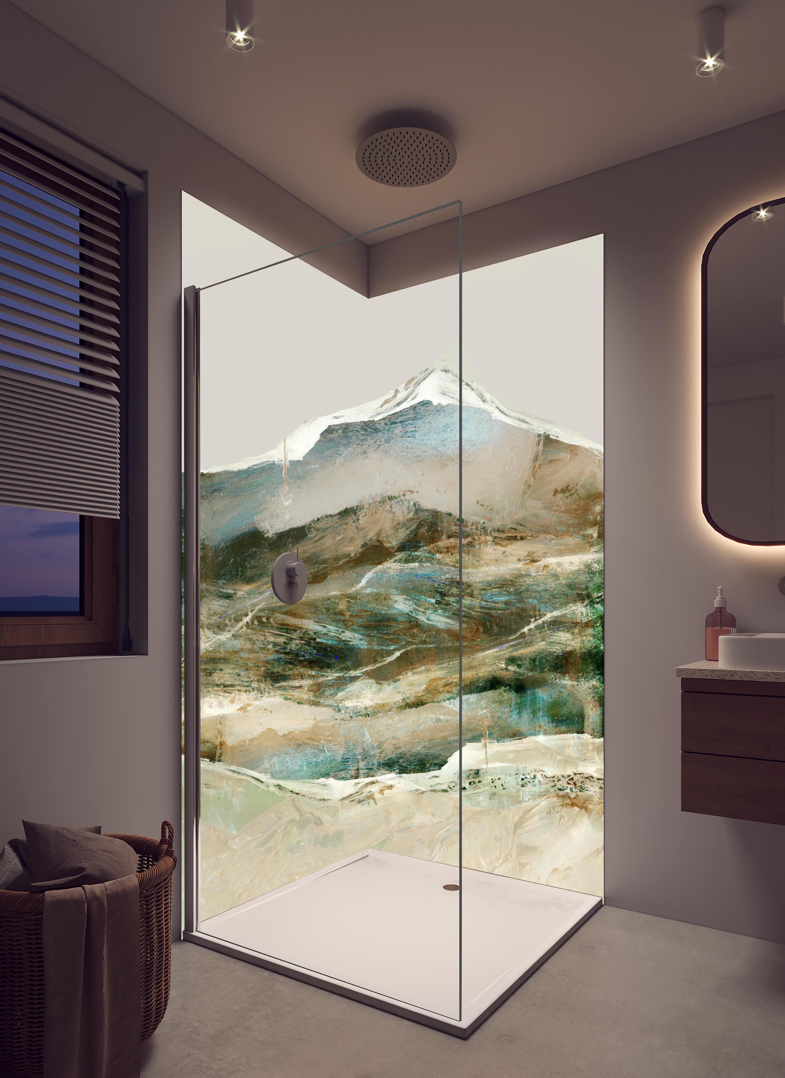 Duschrückwand - Moderne abstrakte Berglandschaft in sanften Tönen in hellem Badezimmer mit Regenduschkopf - zweiteilige Eck-Duschrückwand